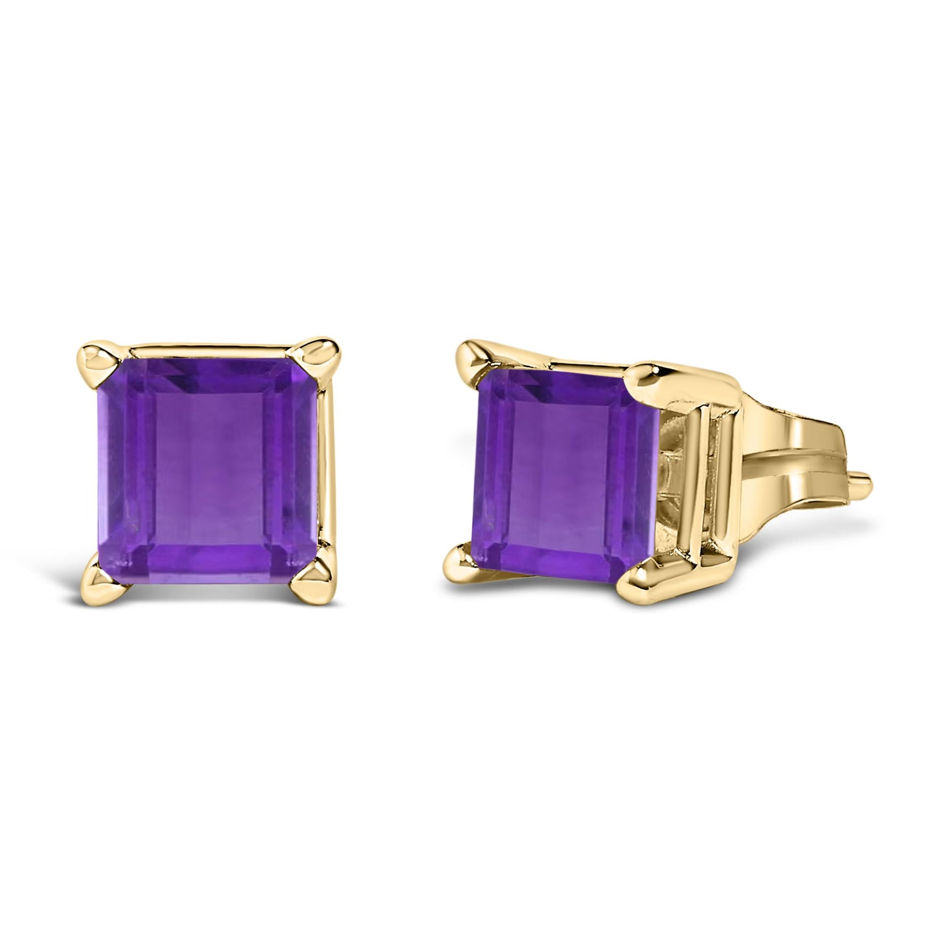 Pair of yellow metal stud earrings with square purple gemstones in four-prong settings, shown in a front and side angle on a white background.