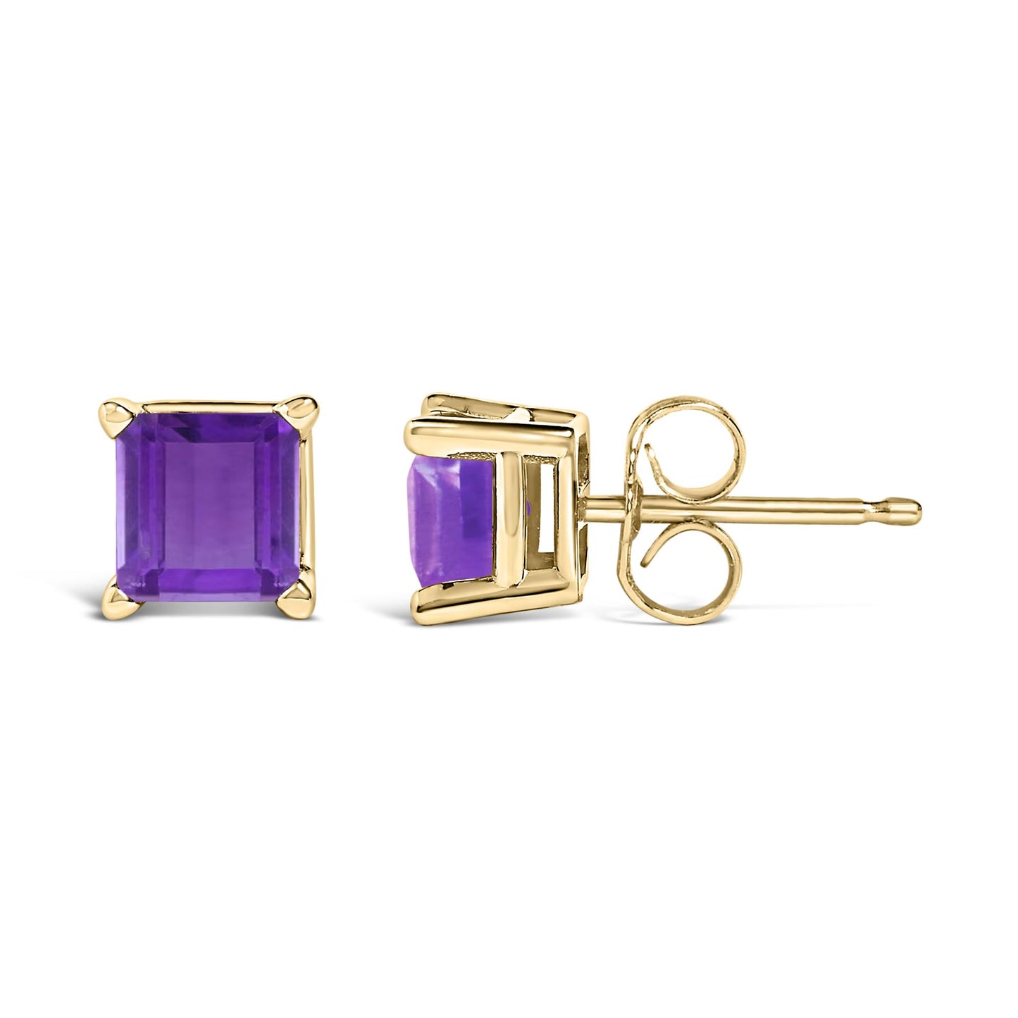 Close-up image of a pair of yellow metal stud earrings with princess-shaped purple gemstones in a four-prong setting, shown from front and side angles on a white background.