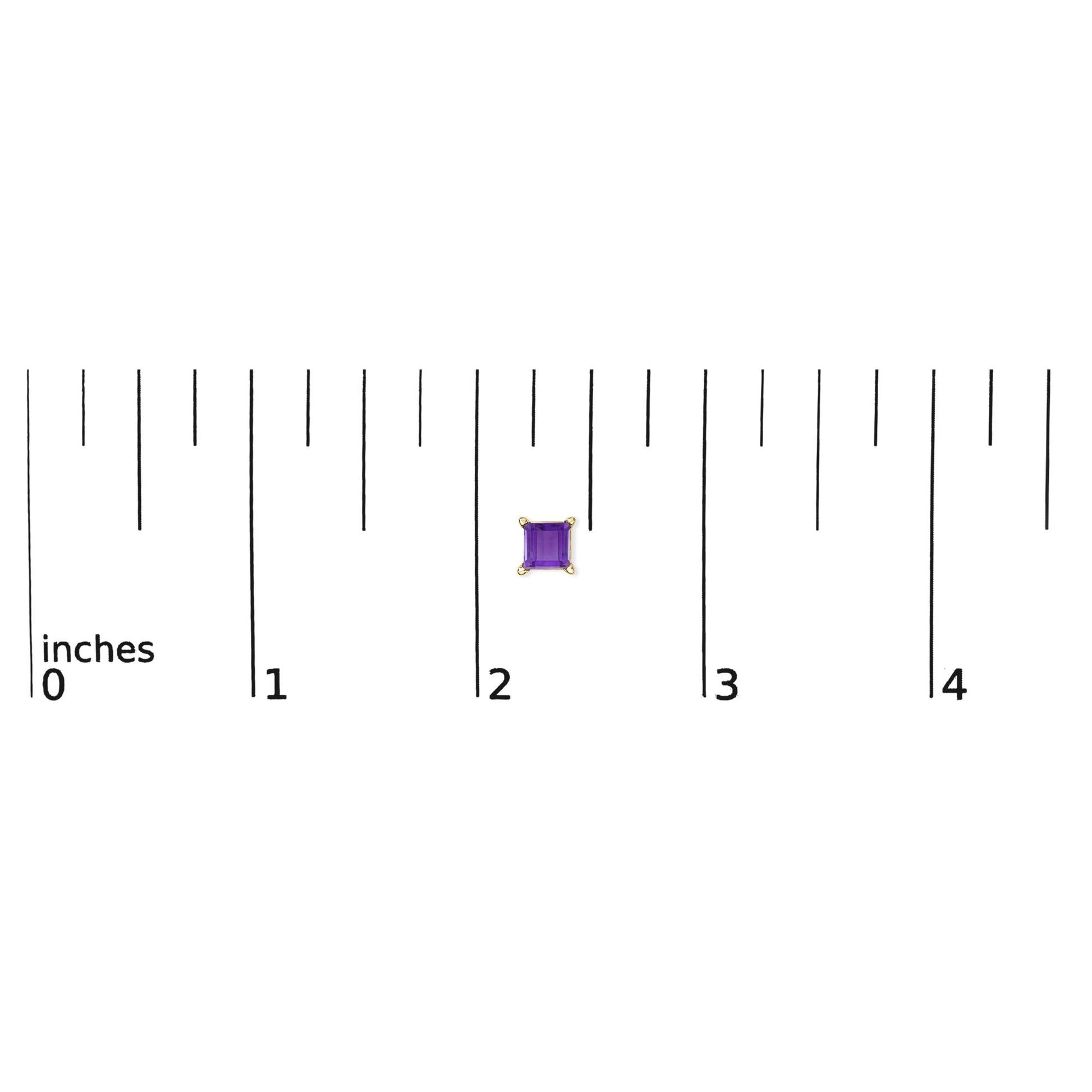 Close-up front view of a single yellow metal earring featuring a square purple gemstone set with four prongs, shown on a measurement scale.