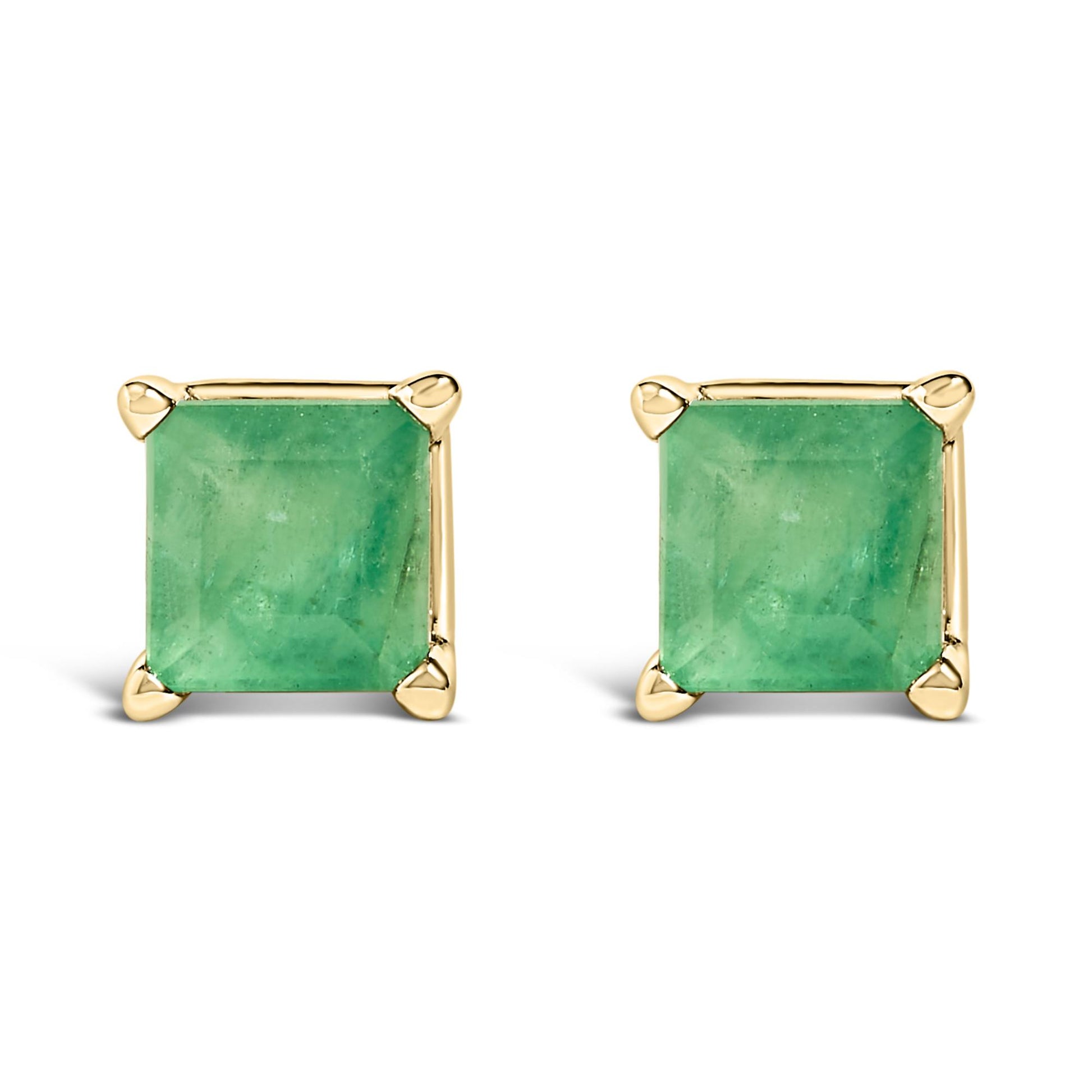 Pair of square-shaped yellow metal stud earrings with green princess-cut gemstones set in four prongs, shown from the front angle on a white background.