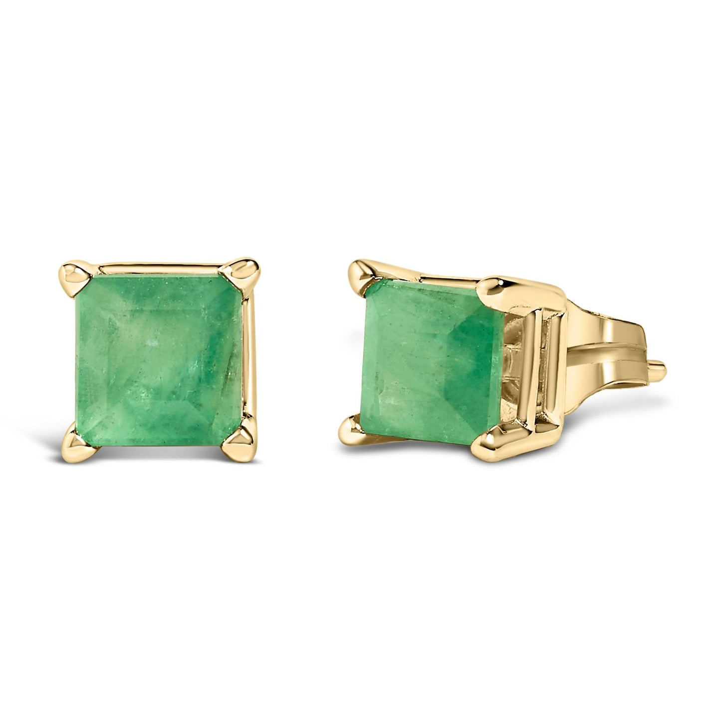 Pair of yellow metal stud earrings with square green gemstones in four-prong settings, shown at a slight angle.