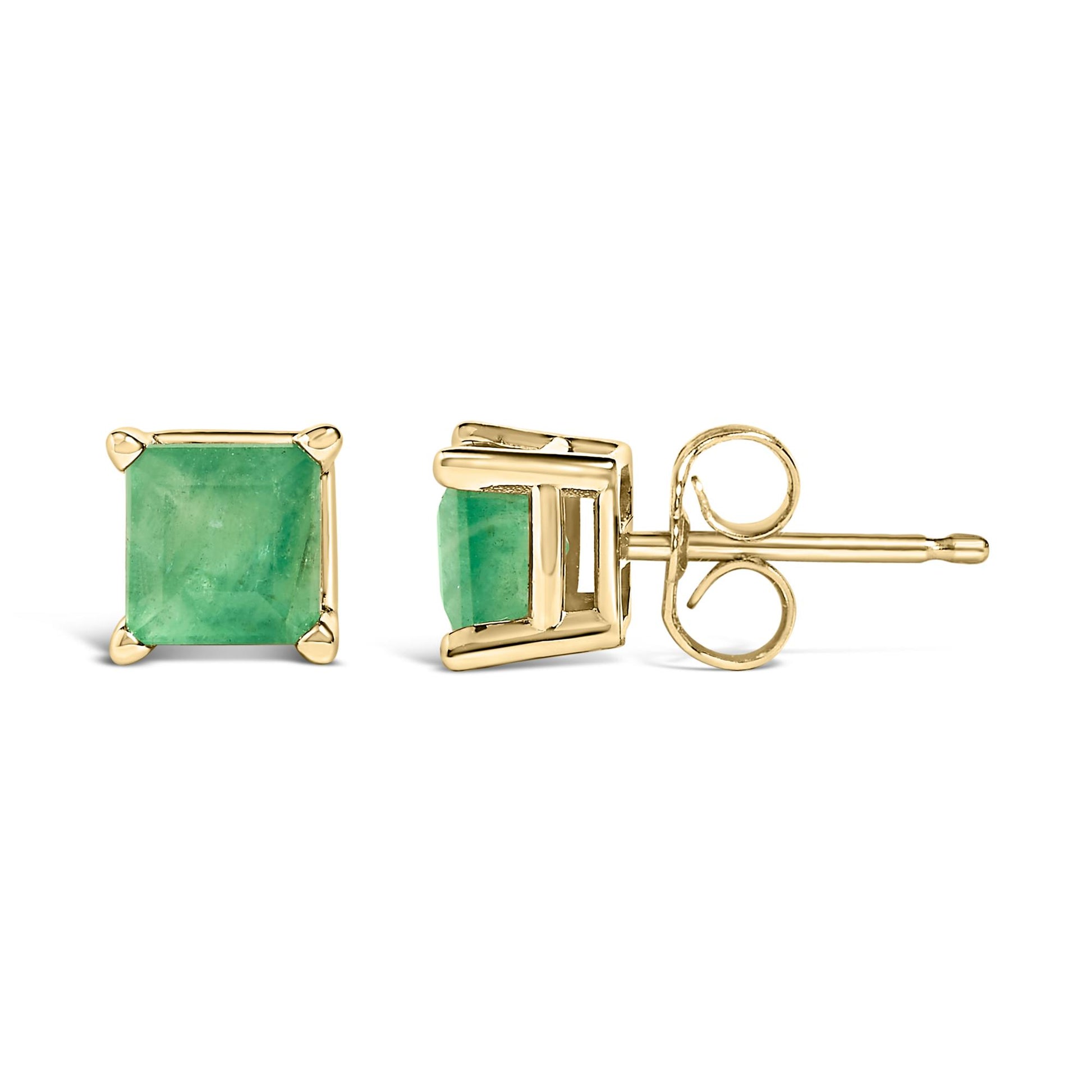 Pair of yellow metal stud earrings with square green gemstones in 4-prong settings, shown from front and side angles on a white background.