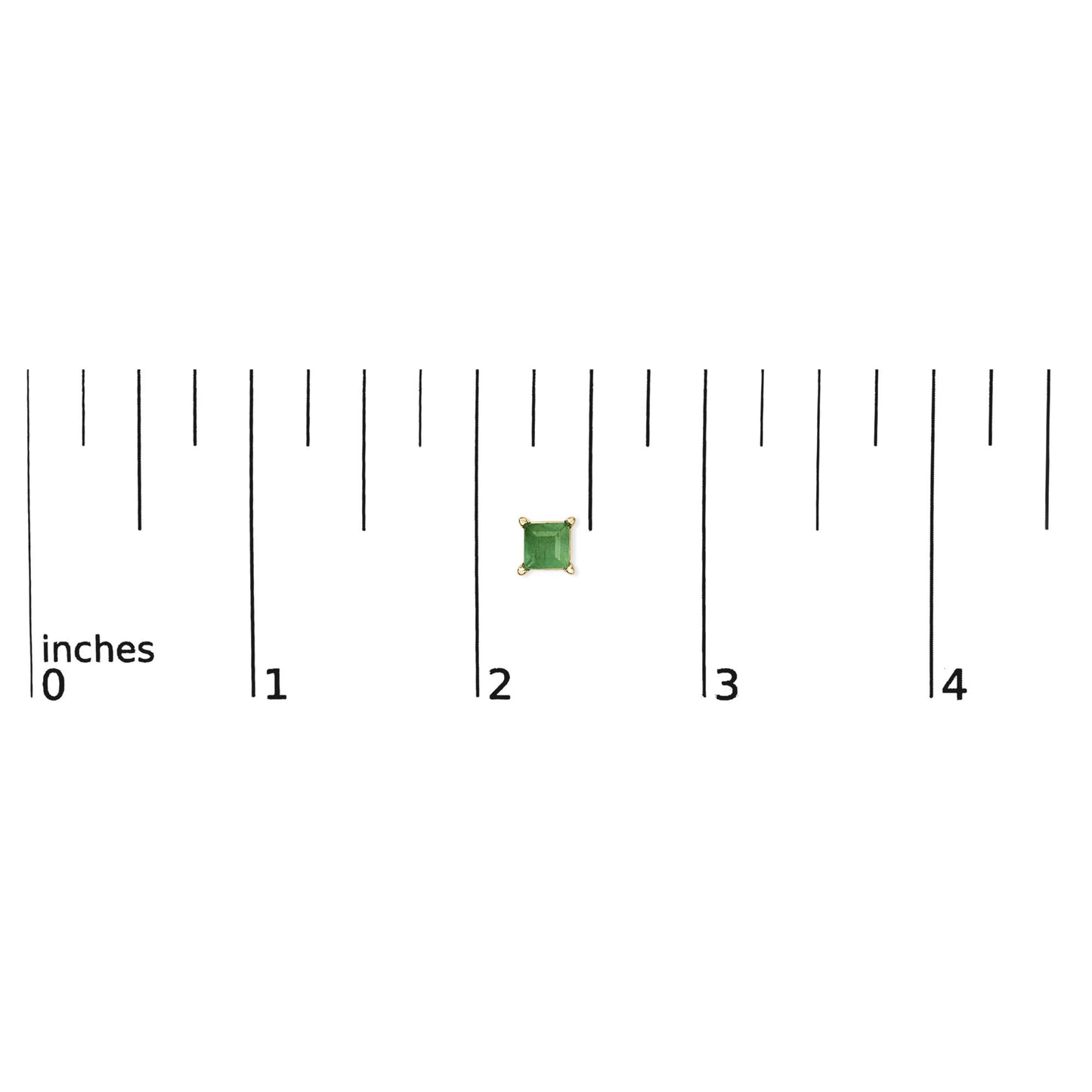 Yellow metal earring with a square green gemstone in a four-prong setting, shown on a scale from a top-down angle.