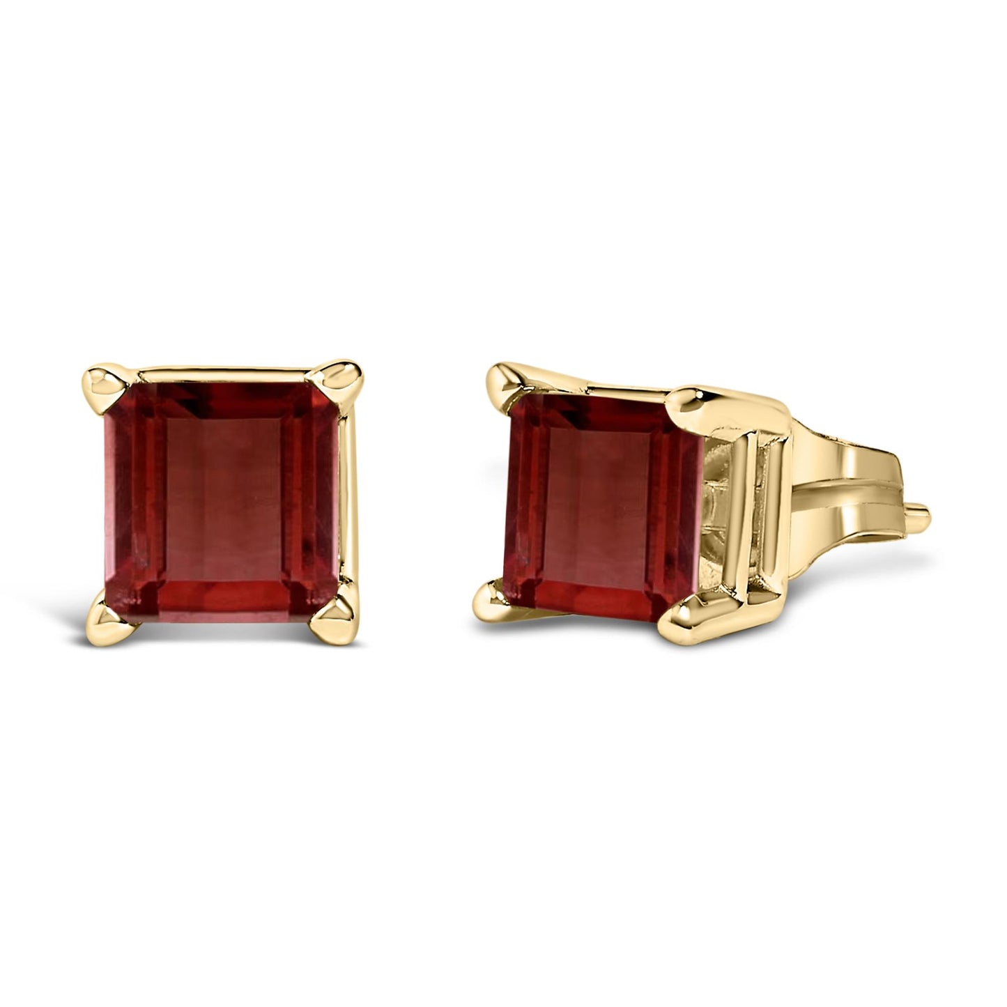 Pair of yellow metal stud earrings with princess-shaped red gemstones in four-prong settings, shown at a slight angle on a white background.