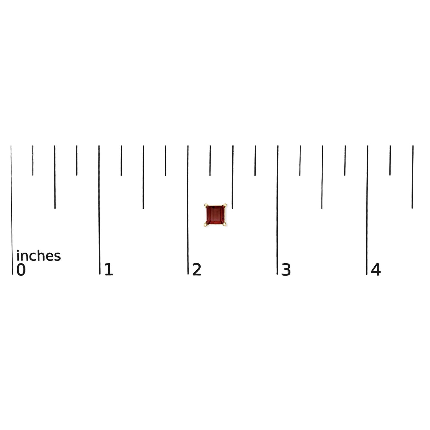 Close-up front view of a single yellow metal princess-shaped red gemstone earring in a 4-prong setting shown on a ruler scale.