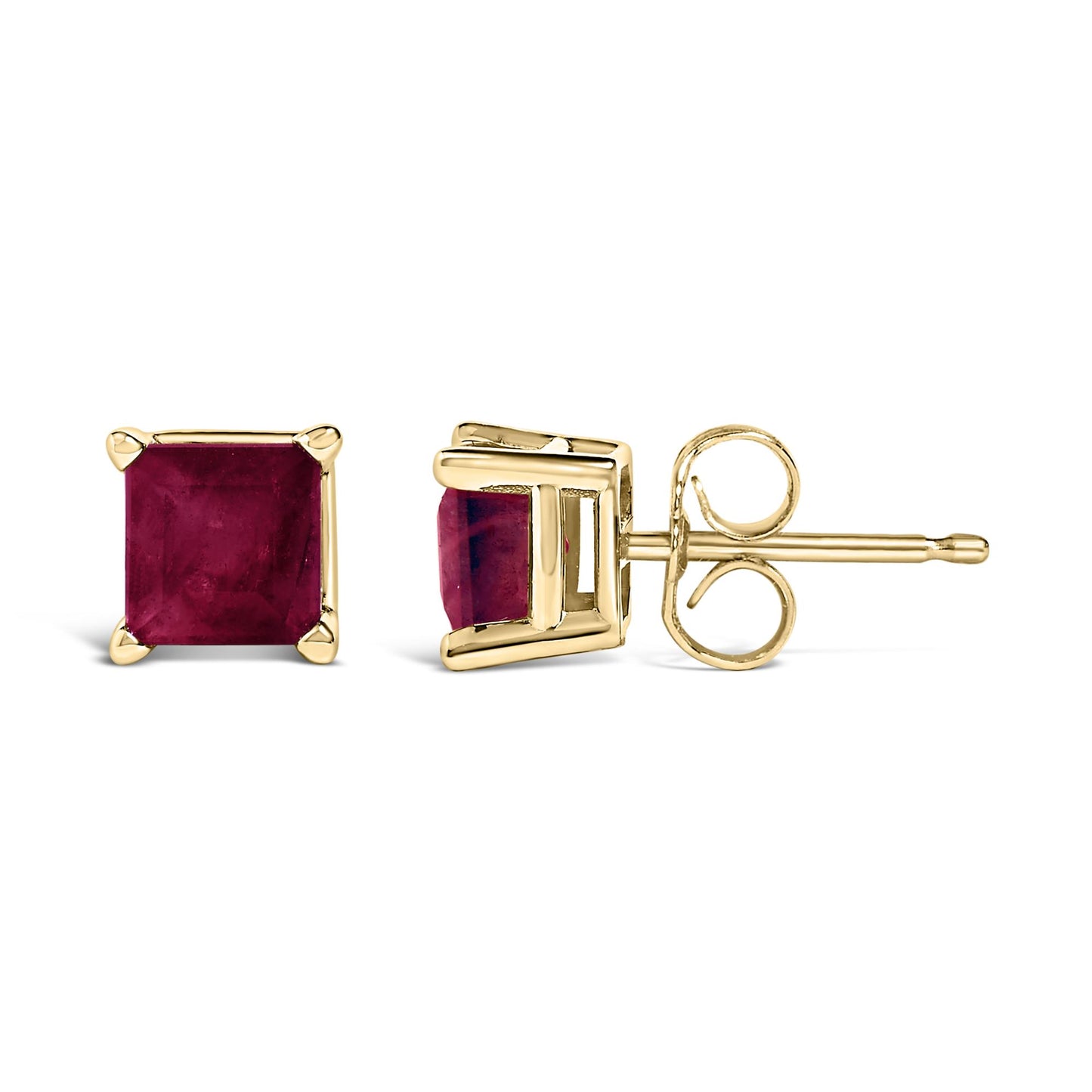 Pair of yellow metal stud earrings with square red gemstones in four-prong settings, shown from front and side angles on a white background.