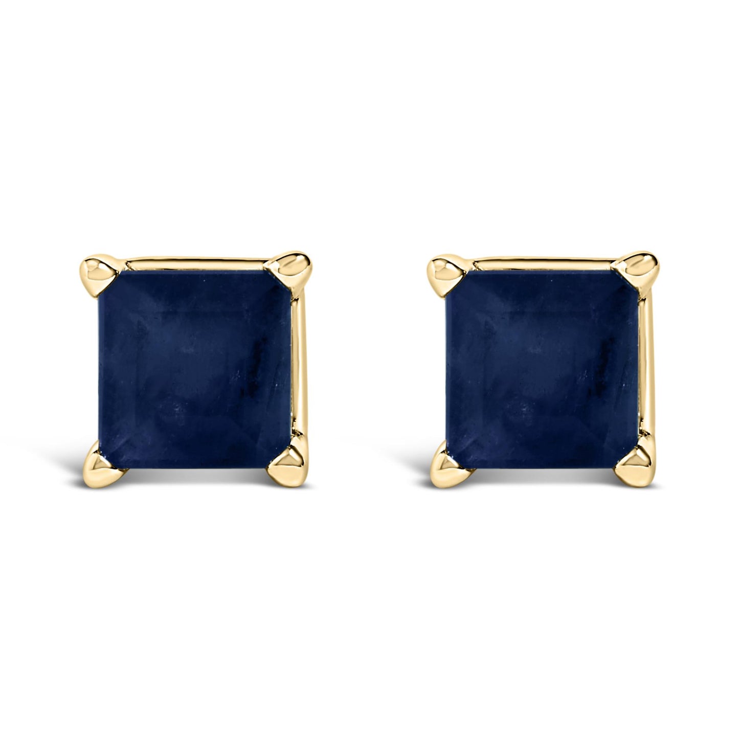 Front view of a pair of yellow metal stud earrings, each set with a blue princess-shaped gemstone in a four-prong setting.