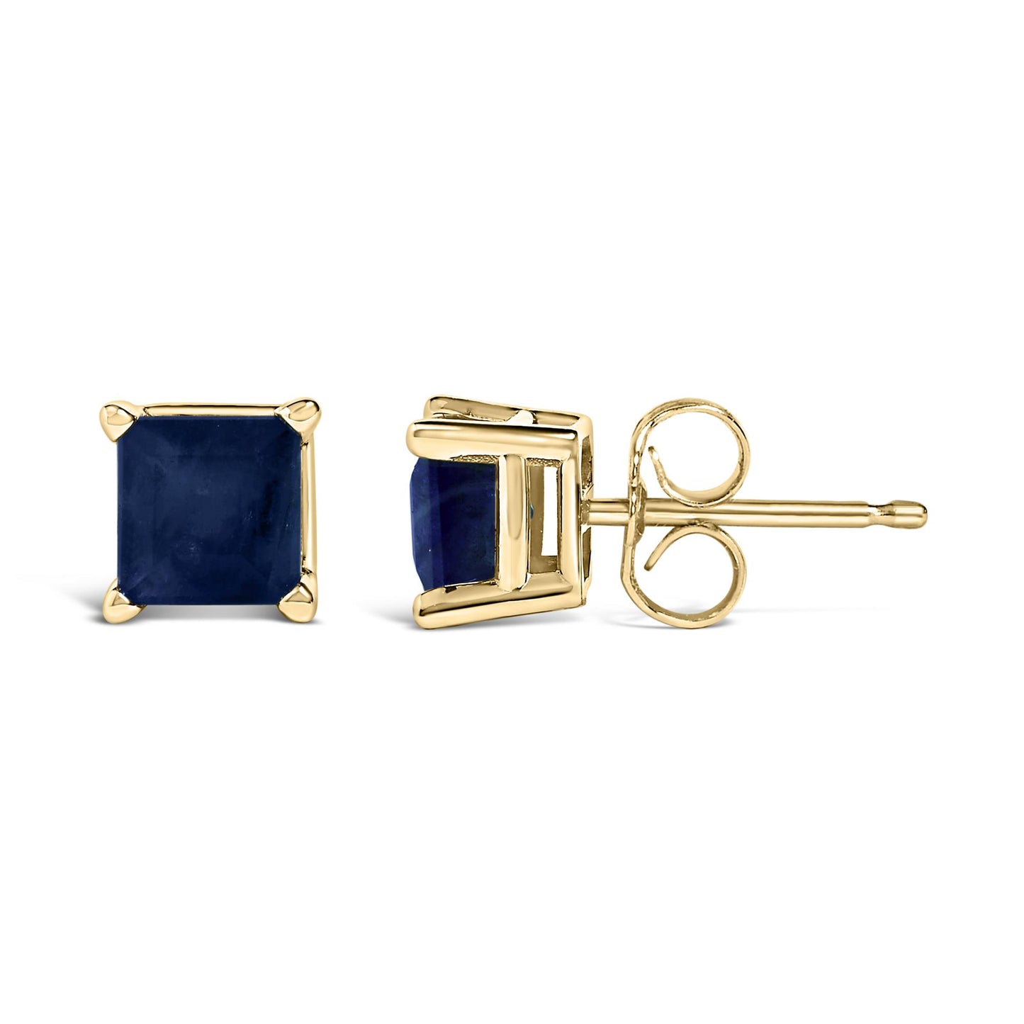 Pair of yellow metal stud earrings with square blue gemstones in four-prong settings, shown from front and side angles on a white background.