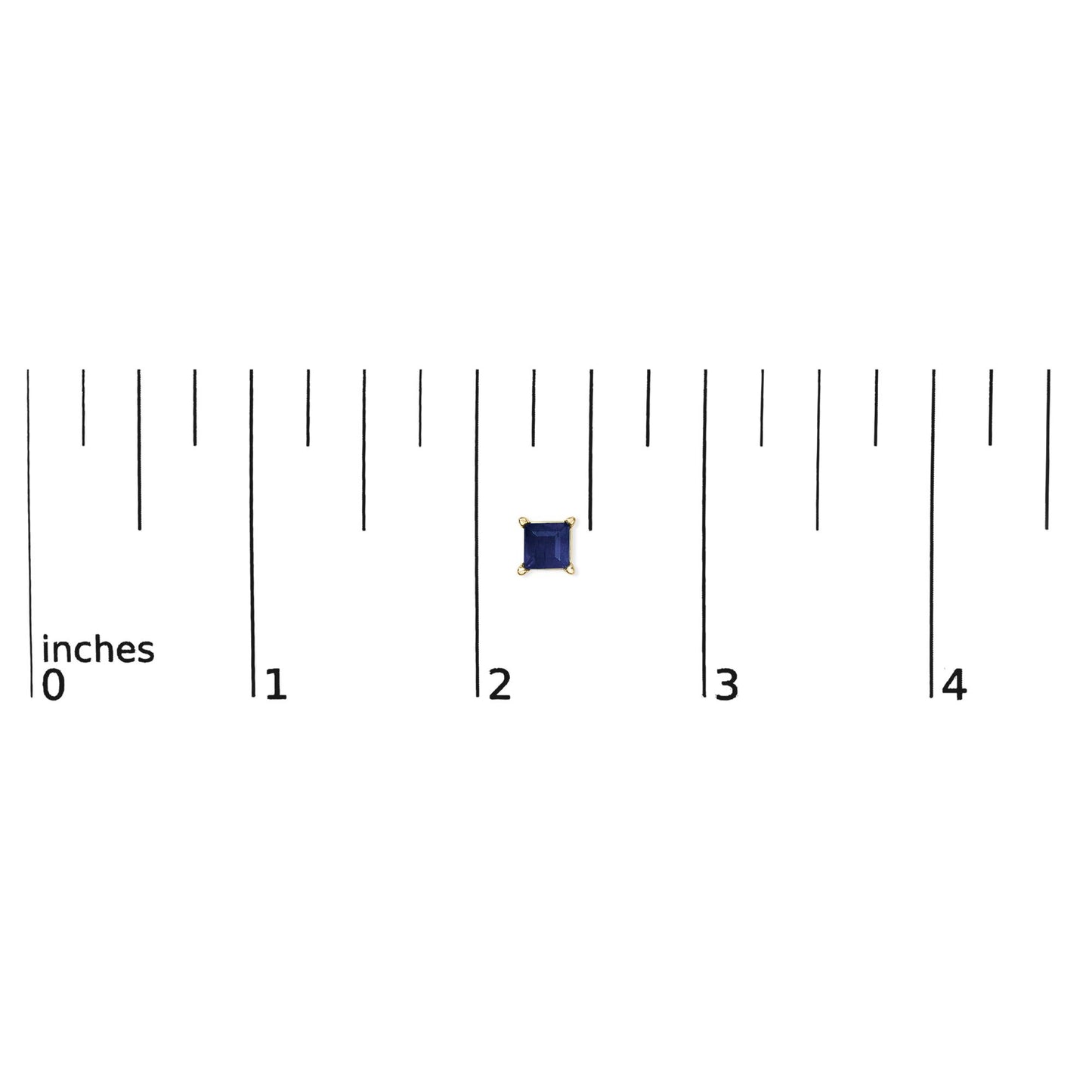 Close-up front view of a single yellow metal earring with a square blue gemstone in a four-prong setting, shown on a scale.