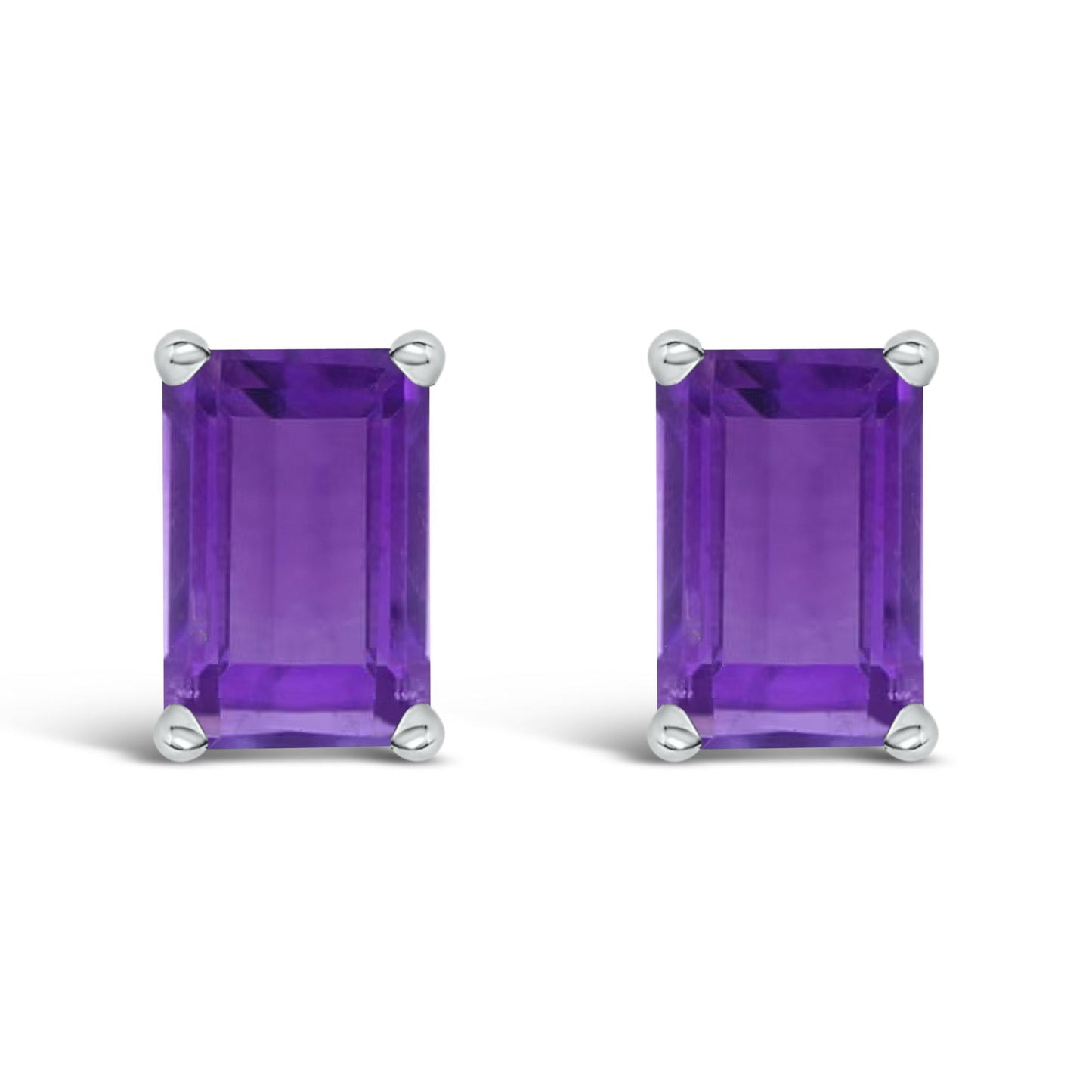 Pair of white metal stud earrings with rectangular purple gemstones in a 4-prong setting, shown from the front on a white background.