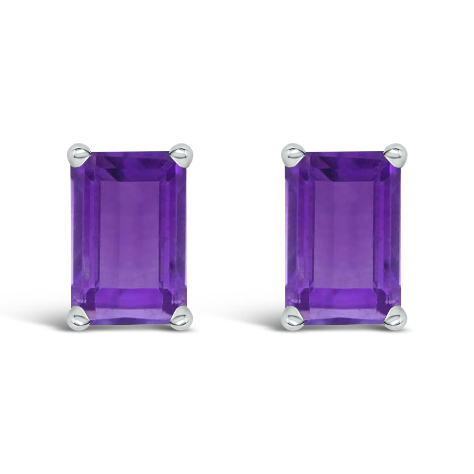 Pair of white metal stud earrings with rectangular purple gemstones in a 4-prong setting, shown from the front on a white background.