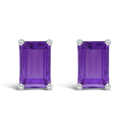 Pair of white metal stud earrings with rectangular purple gemstones in a 4-prong setting, shown from the front on a white background.