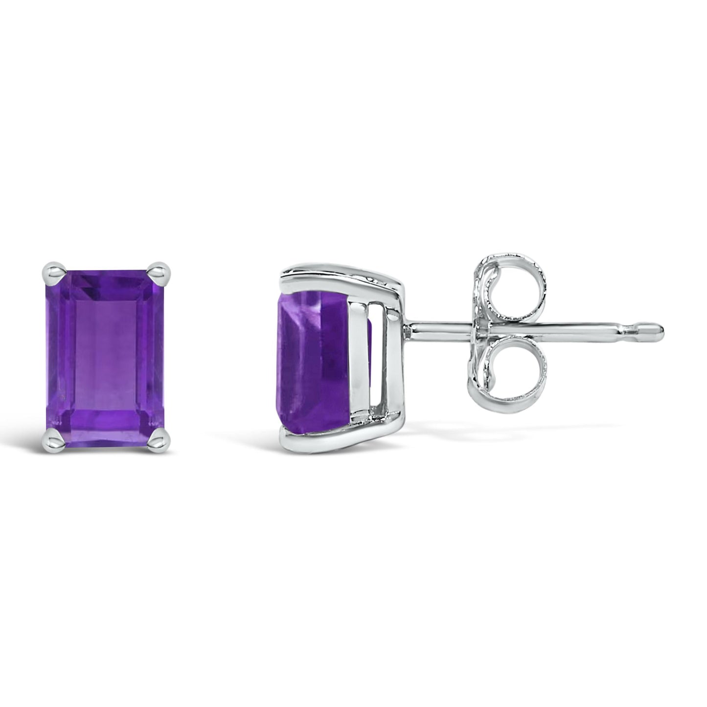 Pair of white metal stud earrings with emerald-shaped purple gemstones set in four prongs, shown from front and side angles on a white background.