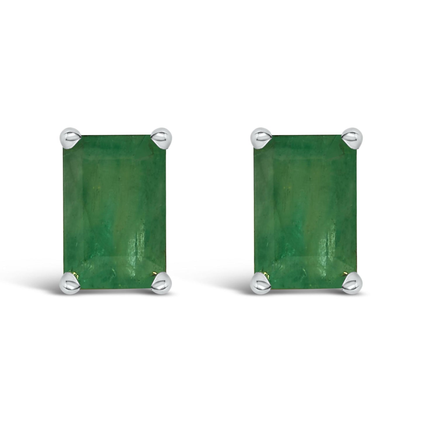 Front view of white metal earrings with rectangular green gemstones in a four-prong setting.