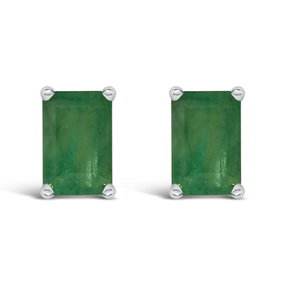 Front view of white metal earrings with rectangular green gemstones in a four-prong setting.