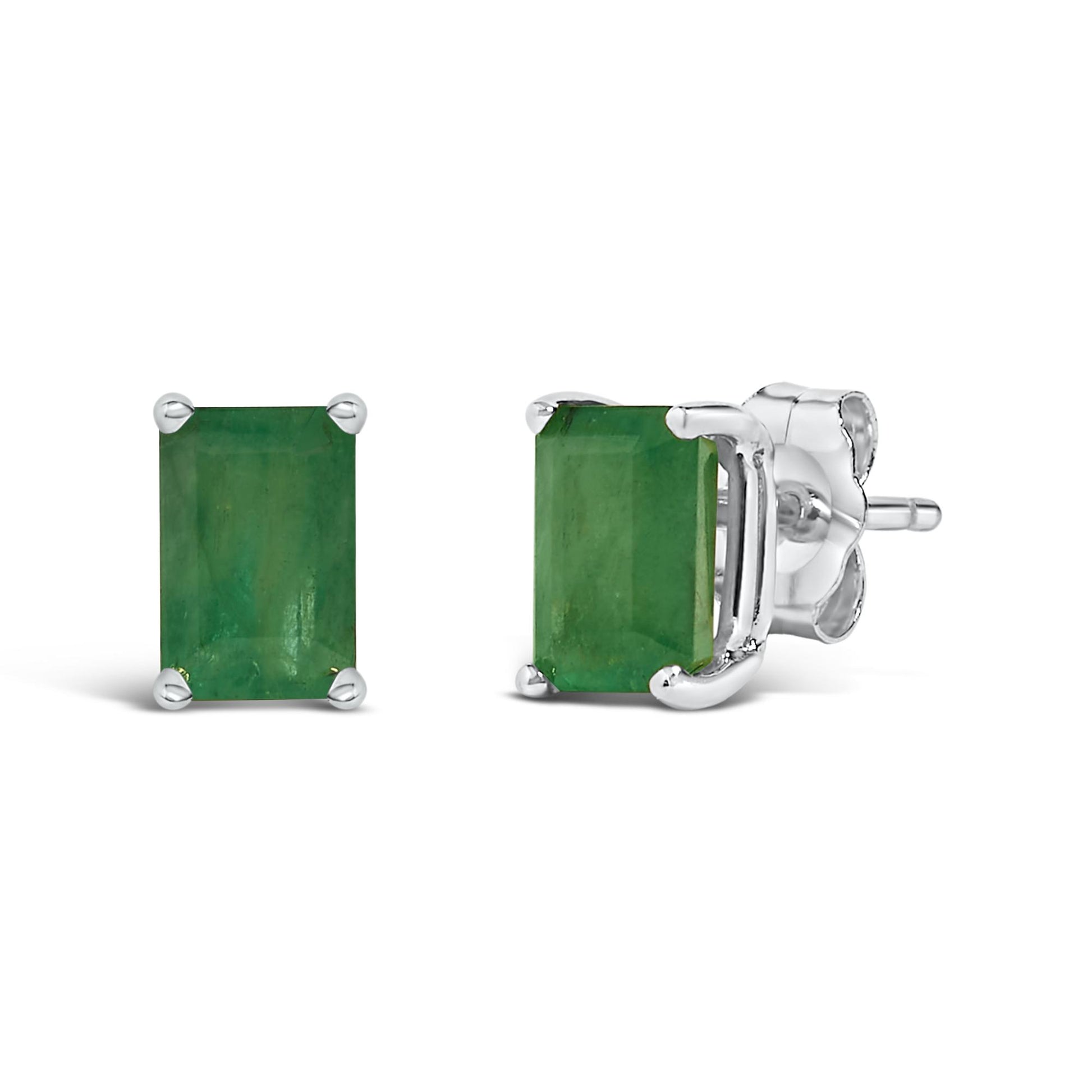 Pair of white metal stud earrings with rectangular green gemstones in 4-prong settings, shown at a close-up angle on a white background.