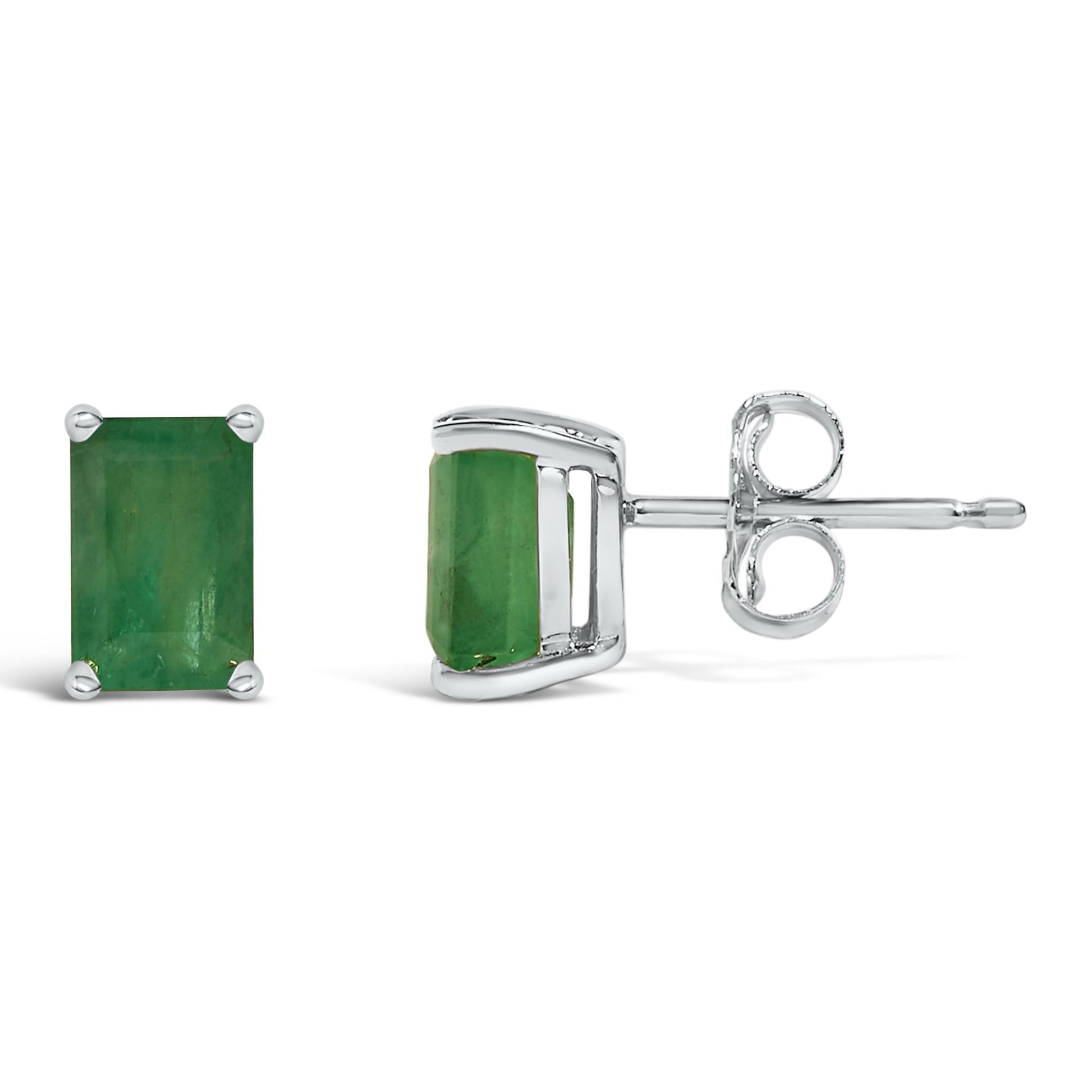 Front and side view of white metal stud earrings with rectangular green gemstones in a four-prong setting, shown against a white background.