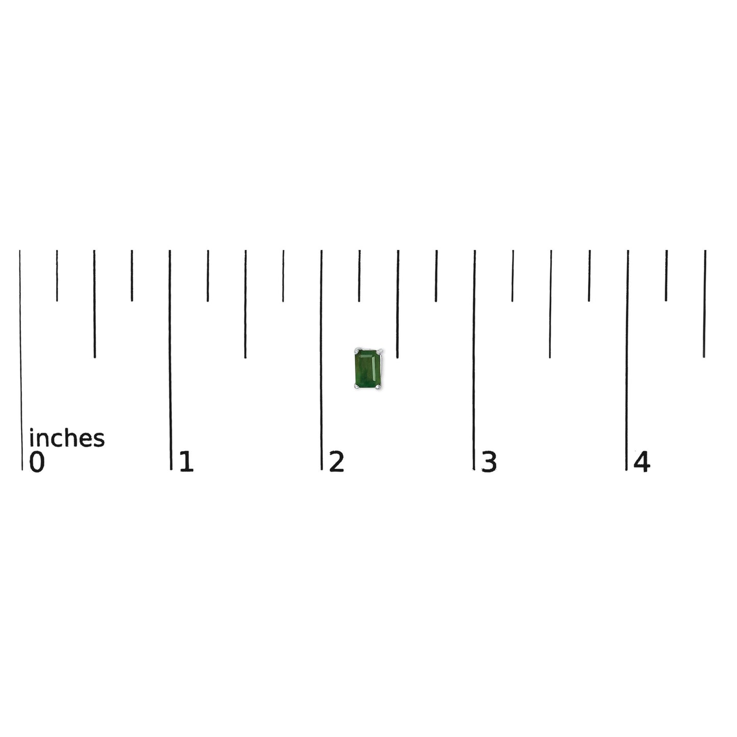 Image of a single white metal earring with a green emerald-shaped gemstone in a four-prong setting, shown on a scale with inch measurements, front view.