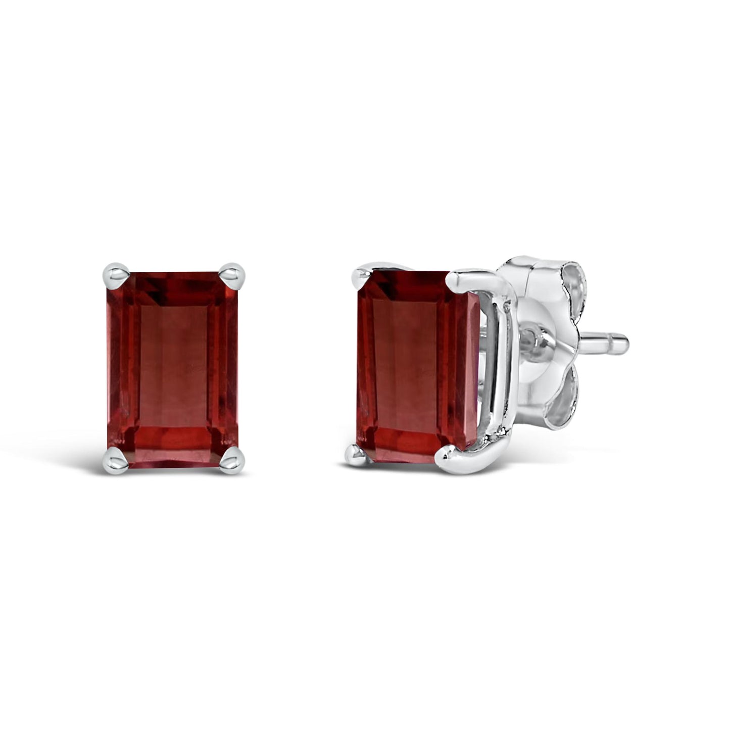 Pair of white metal stud earrings with rectangular red gemstones in a four-prong setting, shown from the front and side angles on a white background.