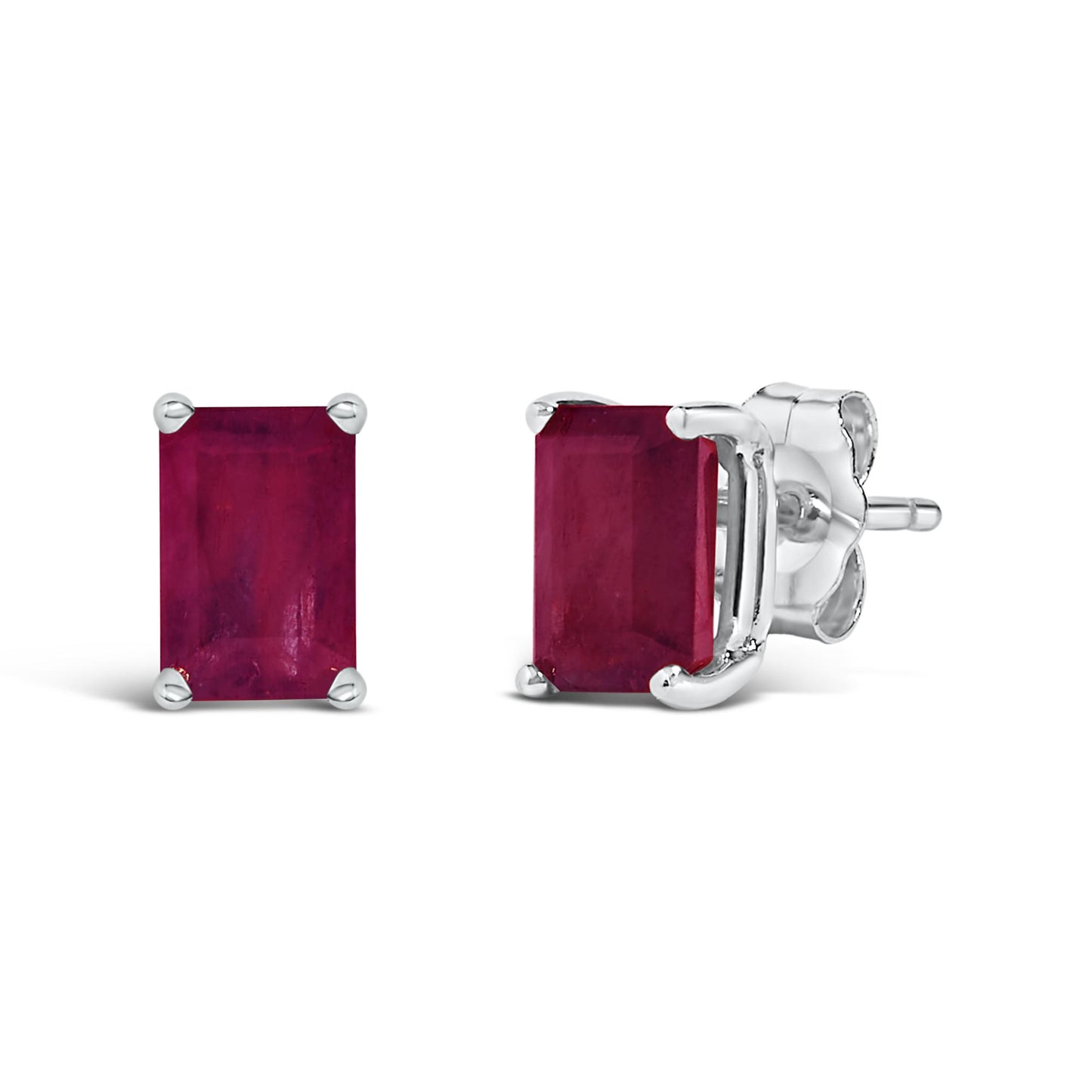 Close-up front and side view of white metal stud earrings with rectangular red gemstones in four-prong settings.