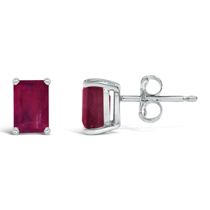 Front and side views of white metal stud earrings featuring rectangular red gemstones in a 4-prong setting, shown against a white background.