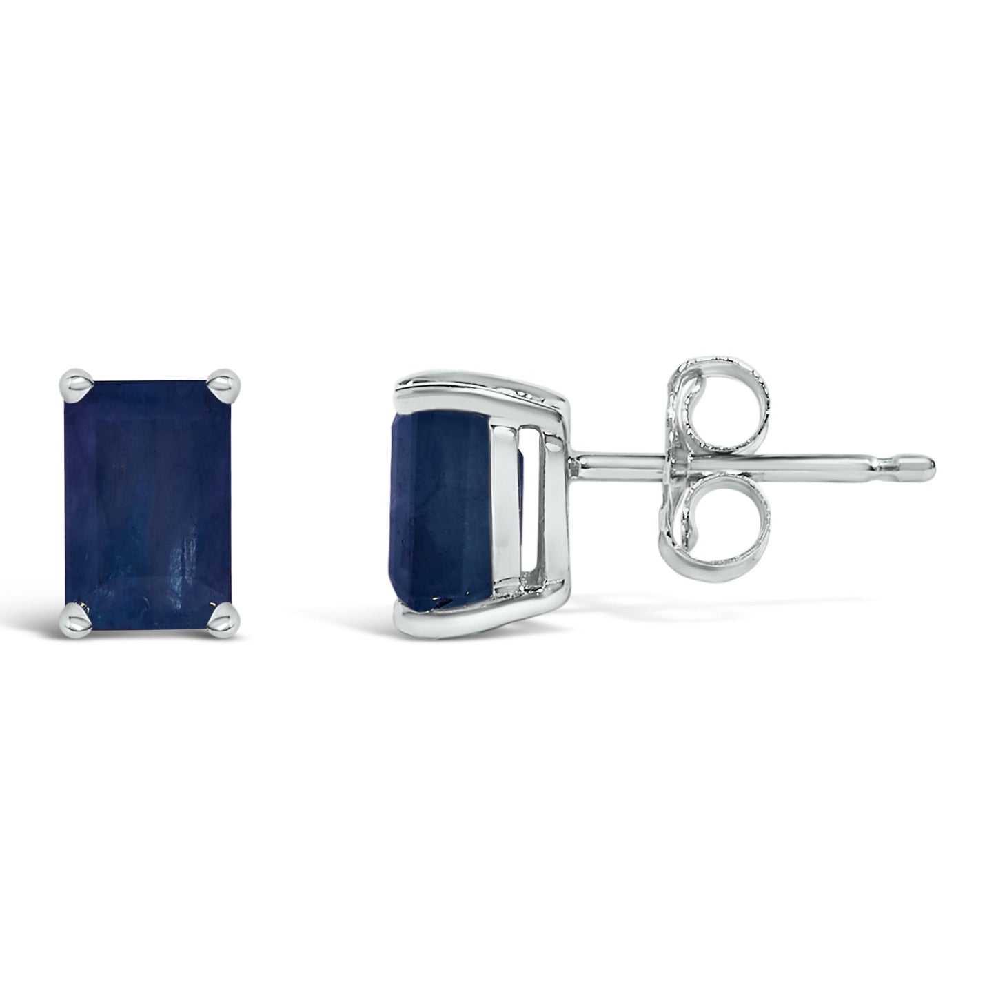 Pair of white metal stud earrings with blue emerald-shaped gemstones in a 4-prong setting, shown from front and side angles on a white background.