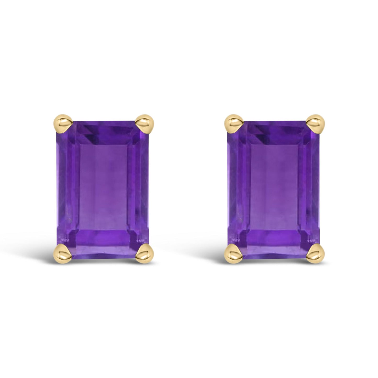 Close-up front view of a pair of yellow metal stud earrings featuring rectangular purple gemstones set with four prongs.