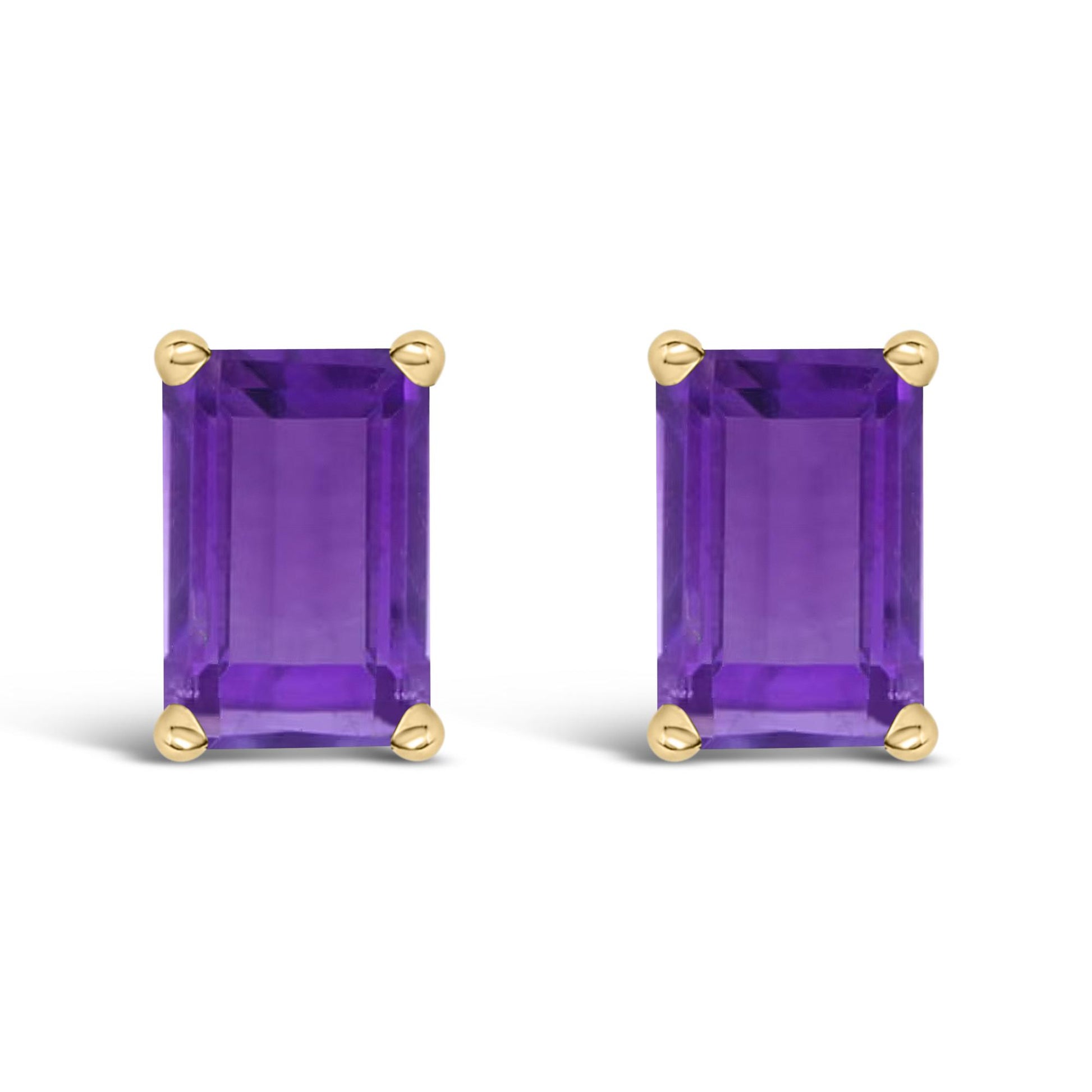 Close-up front view of a pair of yellow metal stud earrings featuring rectangular purple gemstones set with four prongs.