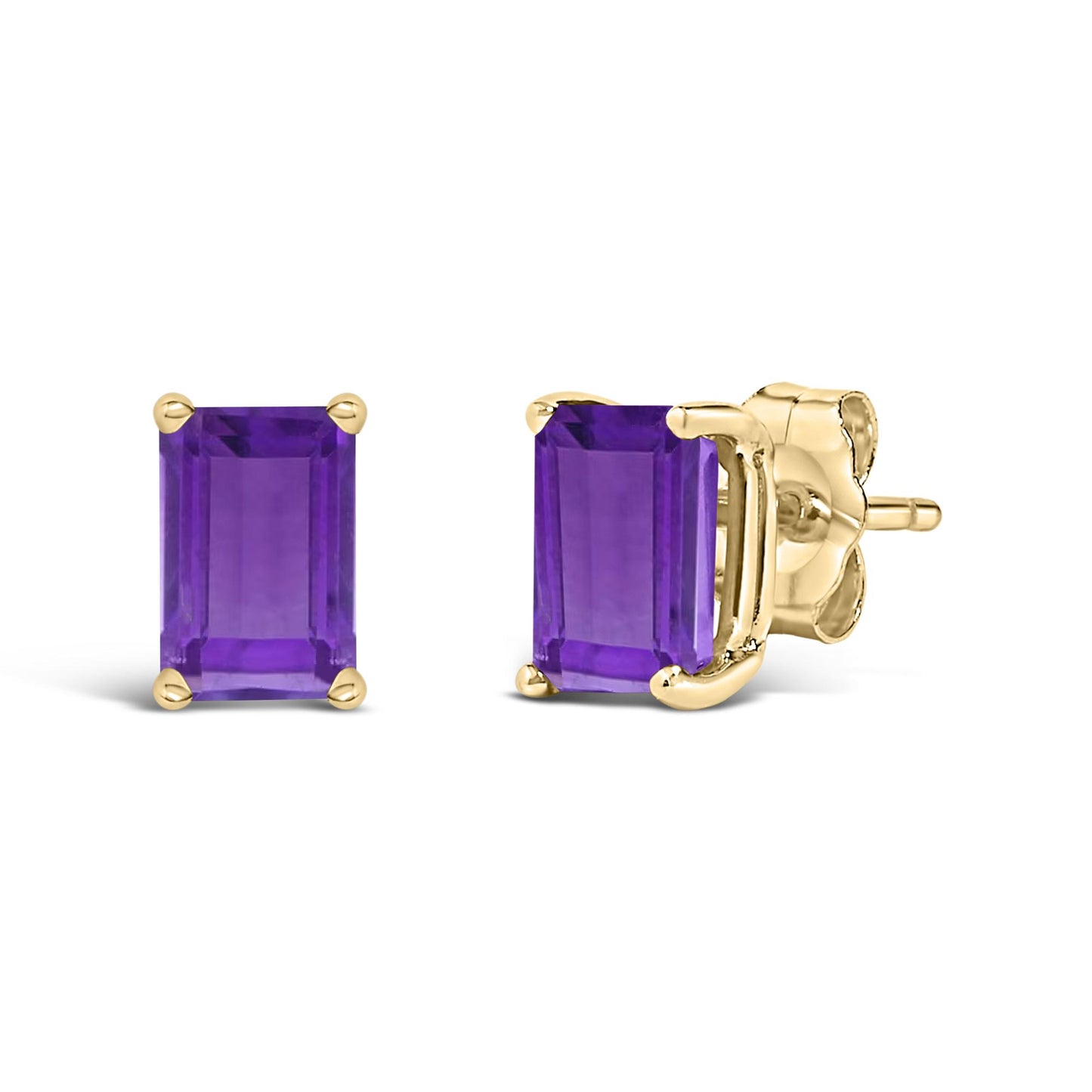 Pair of yellow metal stud earrings with rectangular purple gemstones in four-prong settings, shown from the front and side angles on a white background.