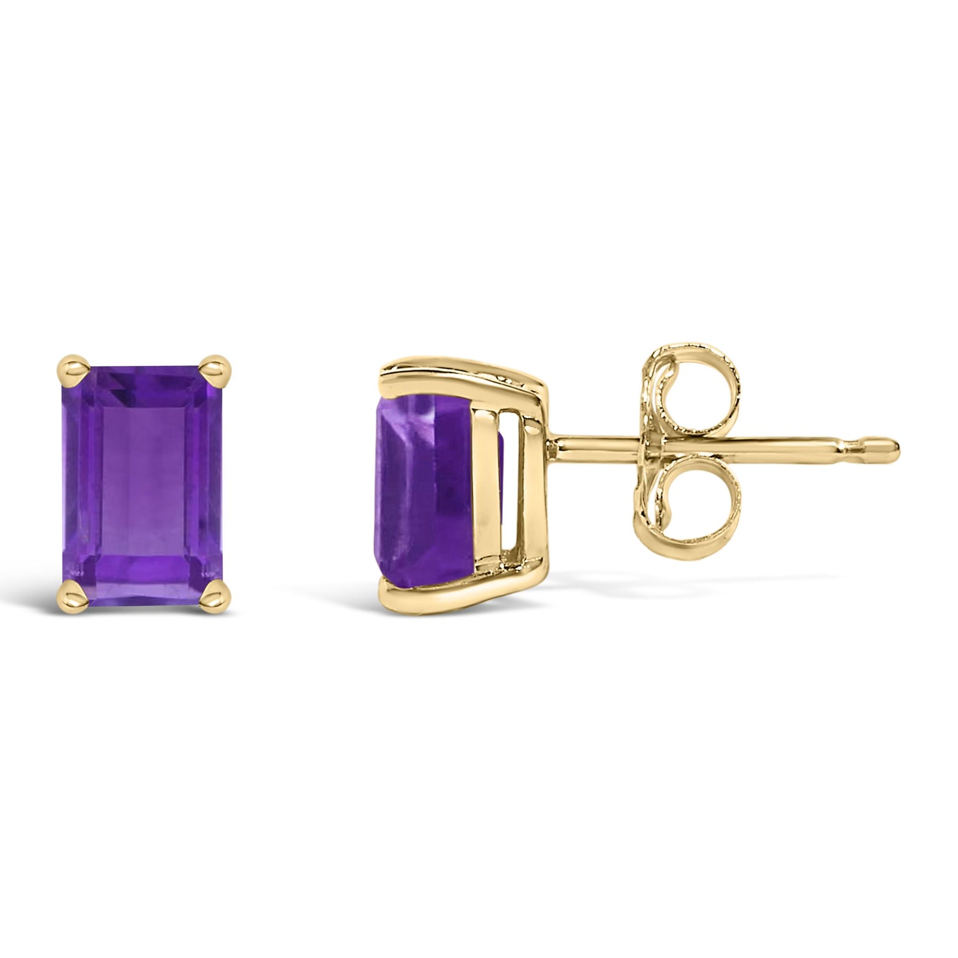 Front and side views of yellow metal stud earrings featuring rectangular purple gemstones in four-prong settings on a white background.