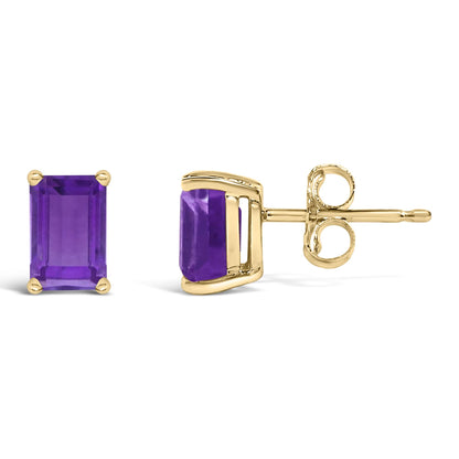 Front and side views of yellow metal stud earrings featuring rectangular purple gemstones in four-prong settings on a white background.