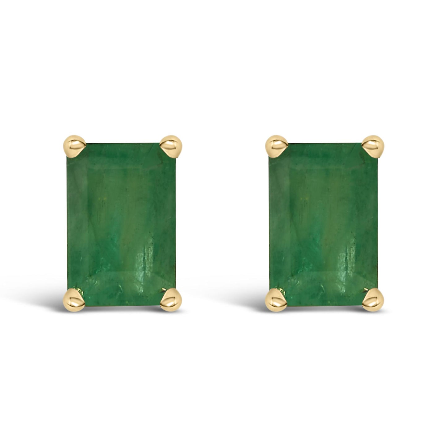 Front view of rectangular green gemstone stud earrings set in yellow metal with four-prong settings.