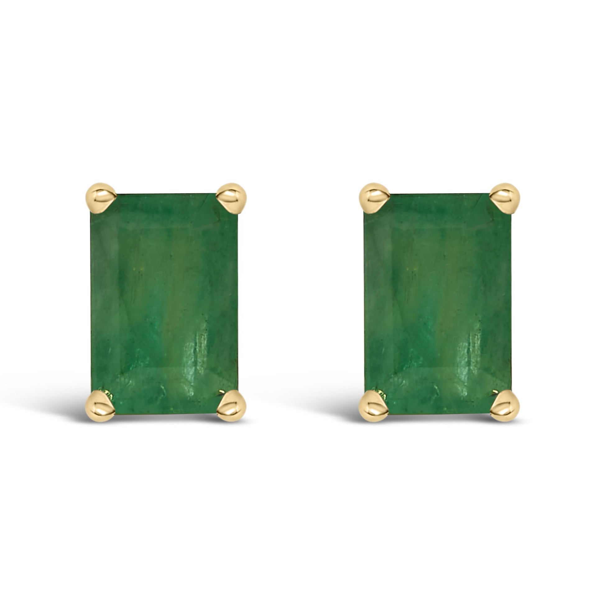 Front view of rectangular green gemstone stud earrings set in yellow metal with four-prong settings.