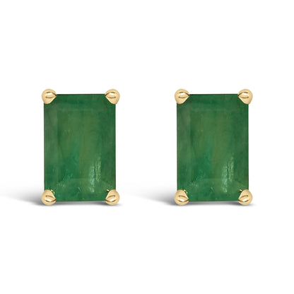 Front view of rectangular green gemstone stud earrings set in yellow metal with four-prong settings.