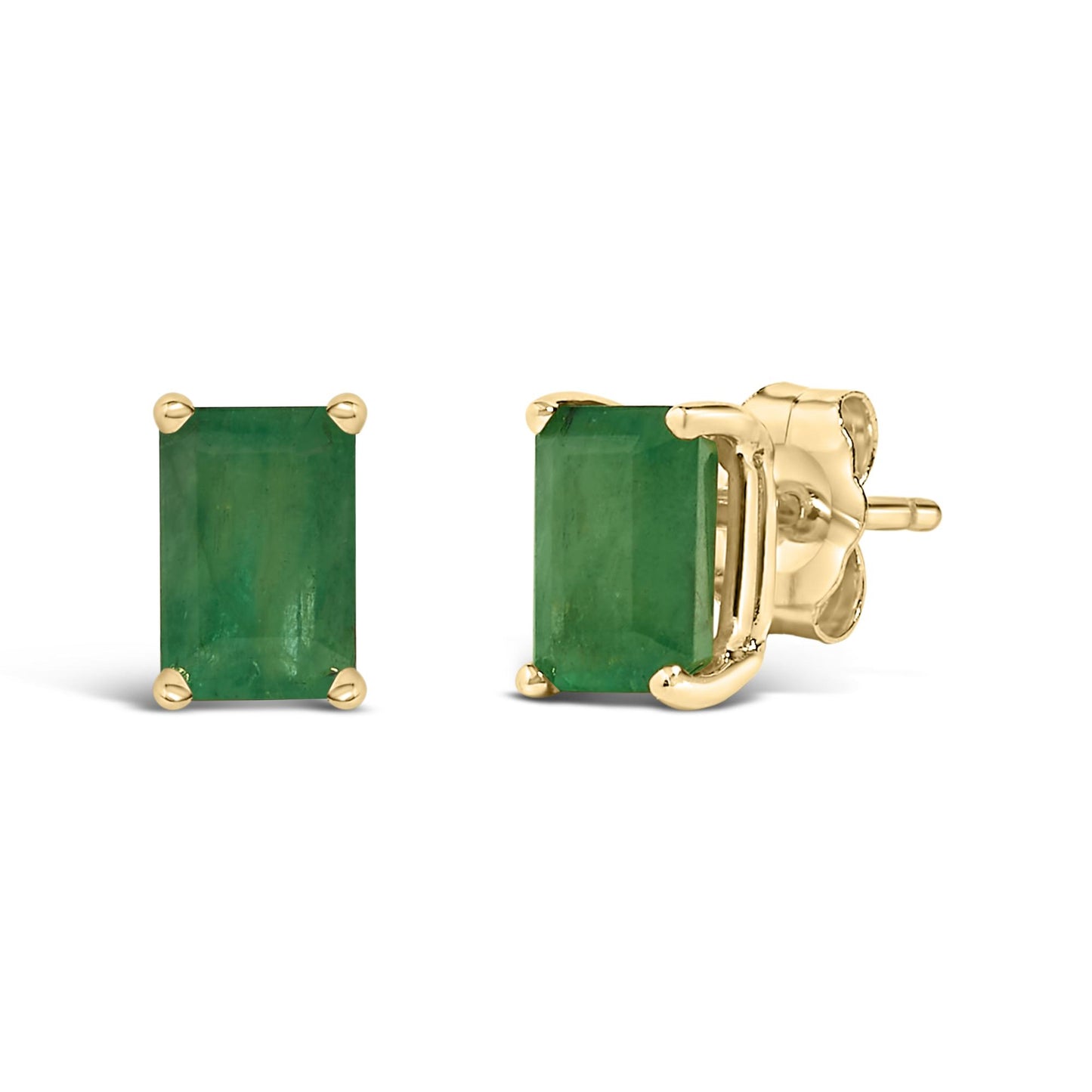 Close-up front and side view of a pair of yellow metal stud earrings each featuring a rectangular green gemstone in a four-prong setting.