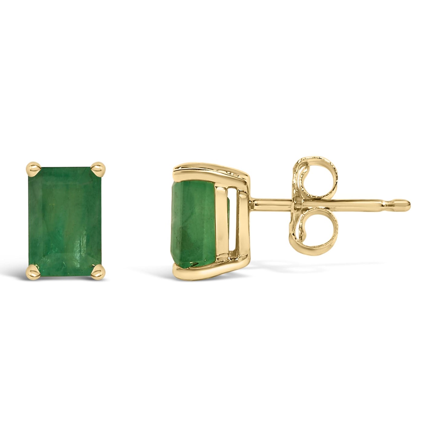 Pair of yellow metal stud earrings with rectangular green gemstones in four-prong settings, shown from front and side angles on a white background.