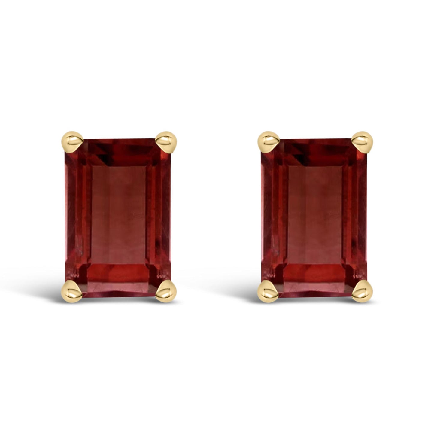 Pair of yellow metal stud earrings with rectangular red gemstones in four-prong settings, shown from the front on a white background.