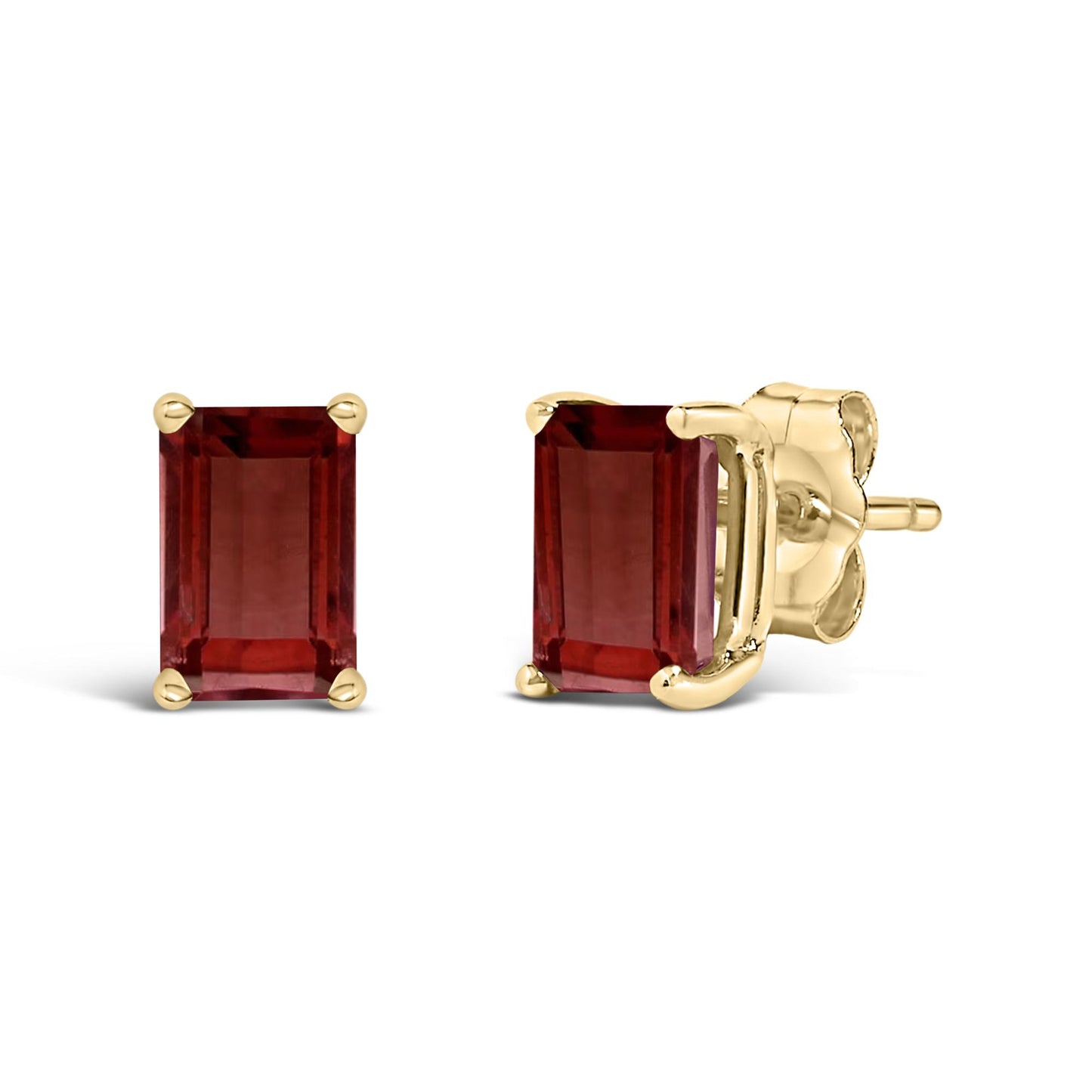 Pair of yellow metal stud earrings with rectangular red gemstones in four-prong settings, shown from a front and side angle on a white background.