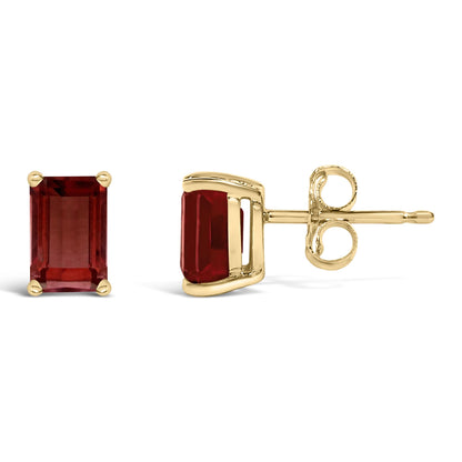 Pair of yellow metal stud earrings with rectangular red gemstones in four-prong settings, shown from front and side angles on a white background.