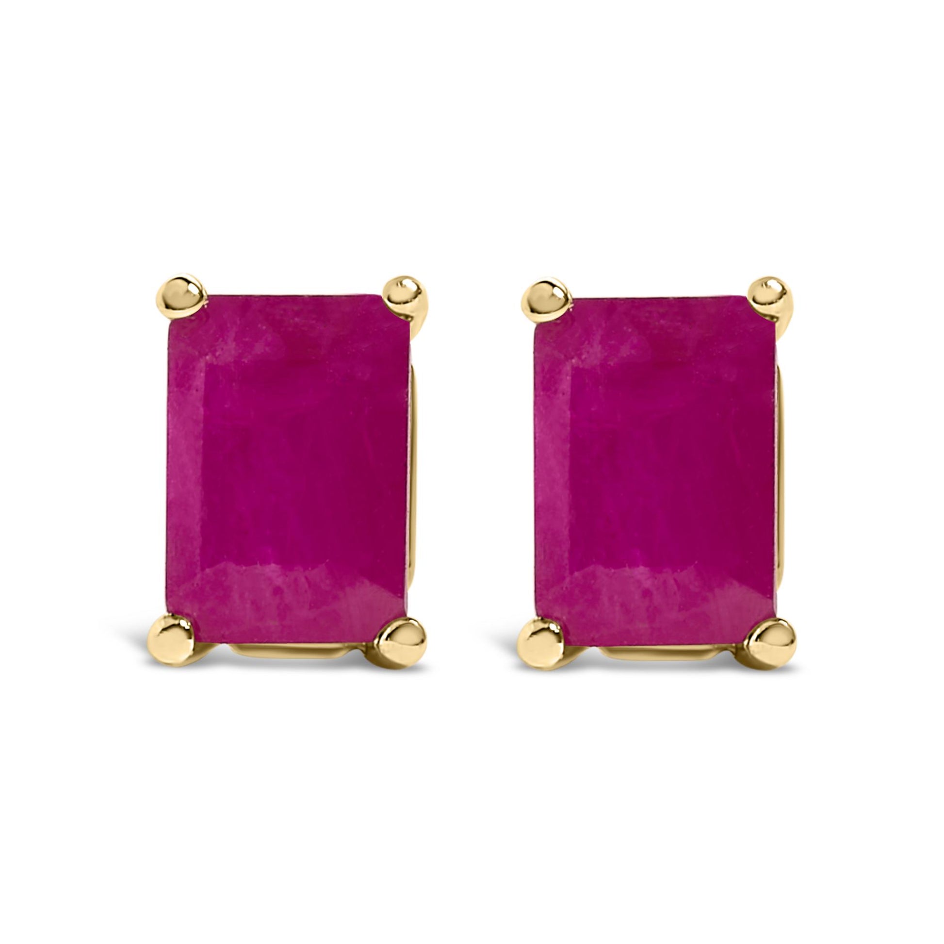 Pair of yellow metal earrings with rectangular red gemstones in 4-prong settings, shown from the front on a white background.