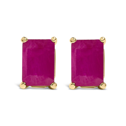Pair of yellow metal earrings with rectangular red gemstones in 4-prong settings, shown from the front on a white background.