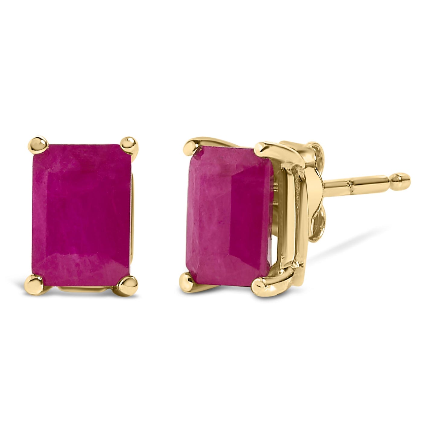 Pair of yellow metal stud earrings with rectangular red gemstones in four-prong settings, shown from front and side angles.