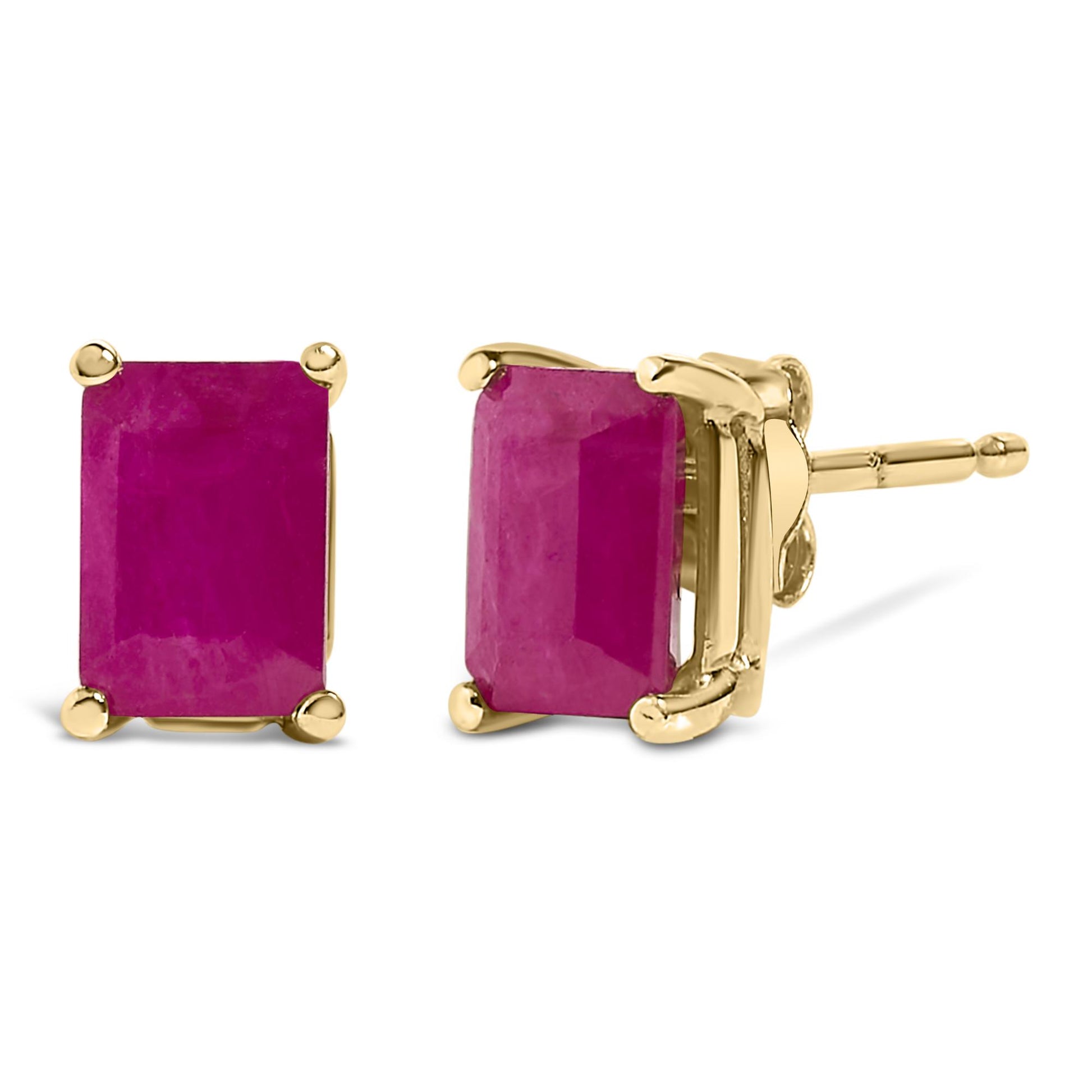 Pair of yellow metal stud earrings with rectangular red gemstones in four-prong settings, shown from front and side angles.