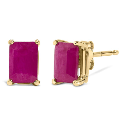 Pair of yellow metal stud earrings with rectangular red gemstones in four-prong settings, shown from front and side angles.