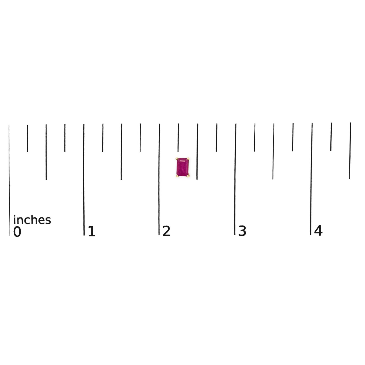Close-up shot of a single yellow metal earring with a rectangular red gemstone in a four-prong setting, shown on a ruler scale.