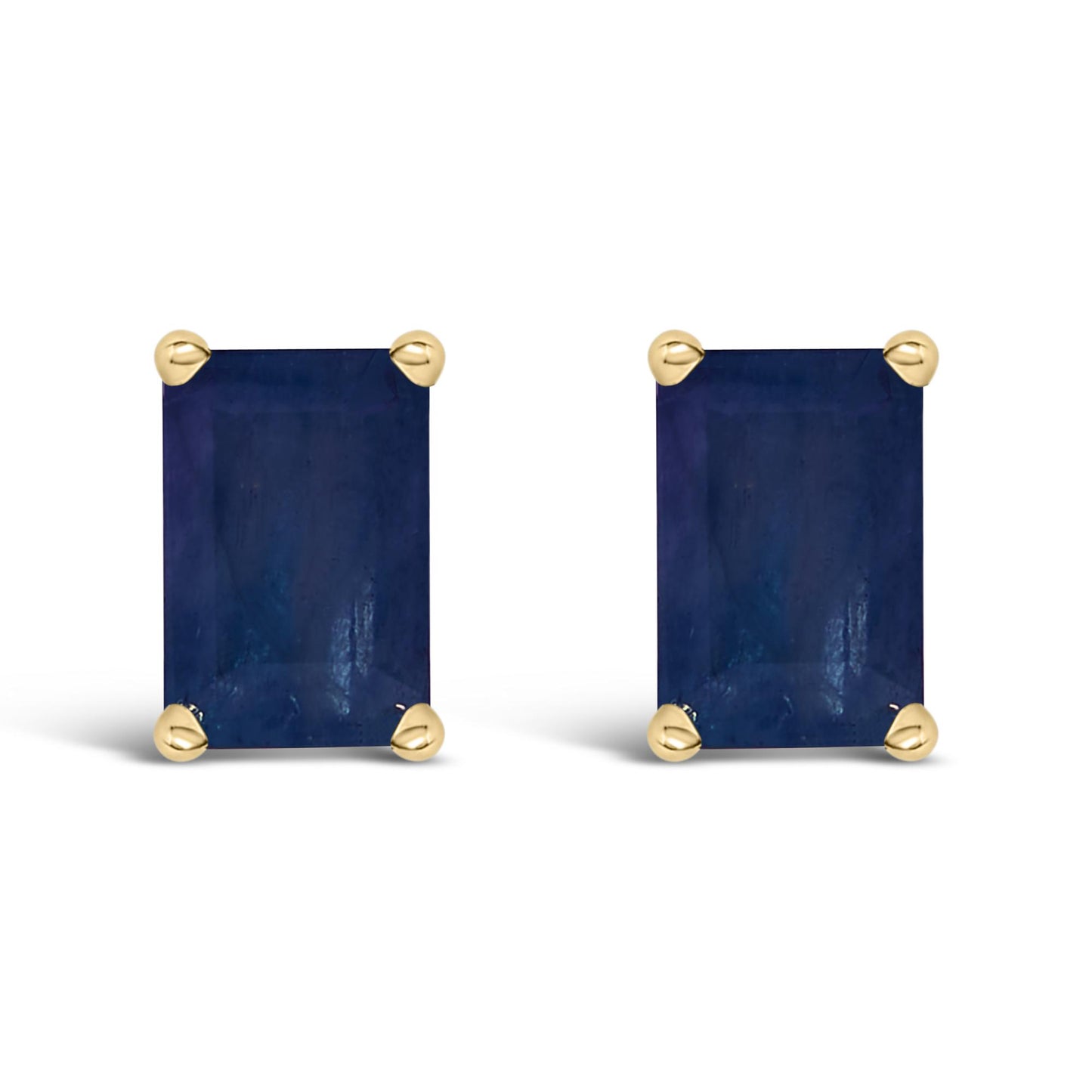 Front view of a pair of yellow metal stud earrings featuring rectangular blue gemstones with four-prong settings.