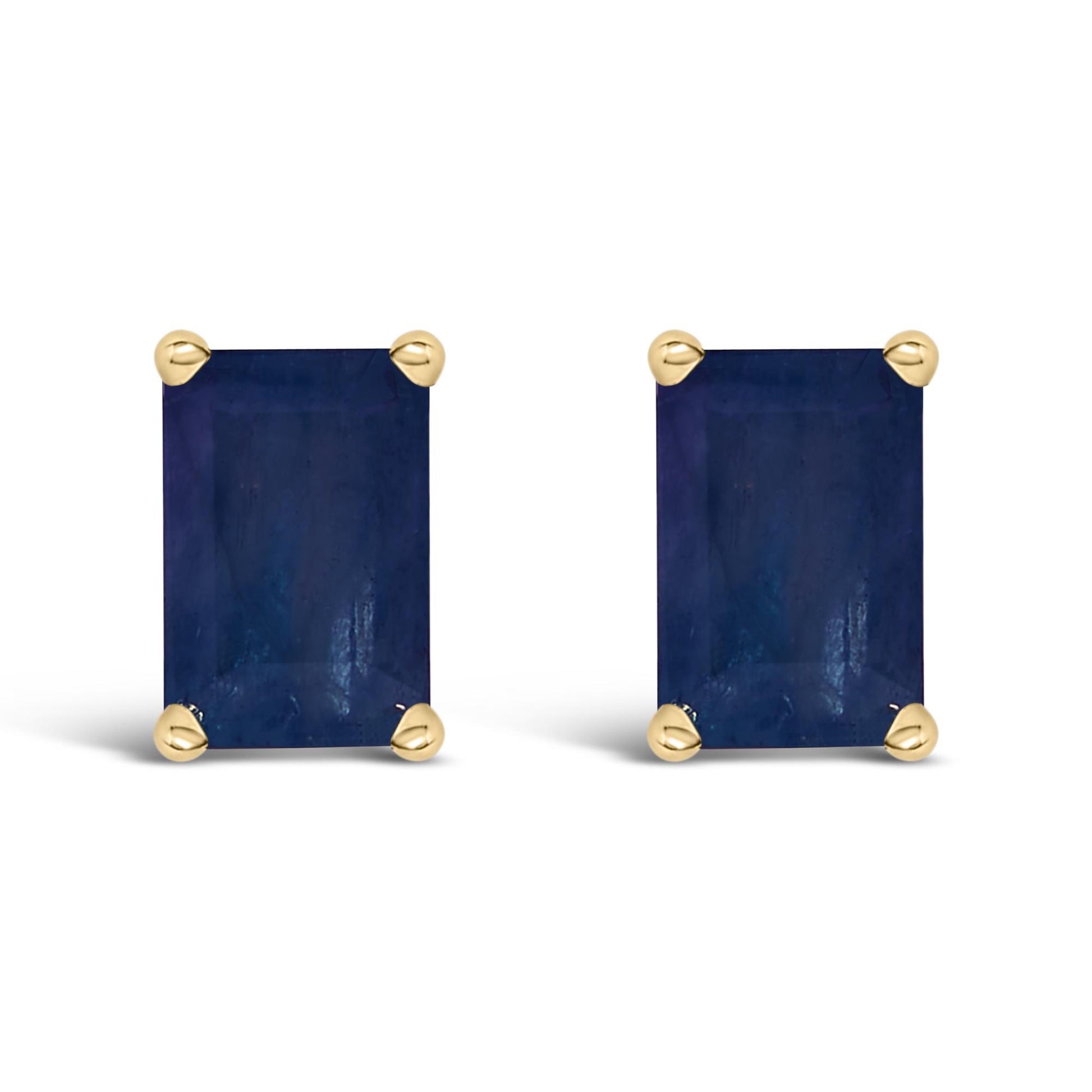 Front view of a pair of yellow metal stud earrings featuring rectangular blue gemstones with four-prong settings.