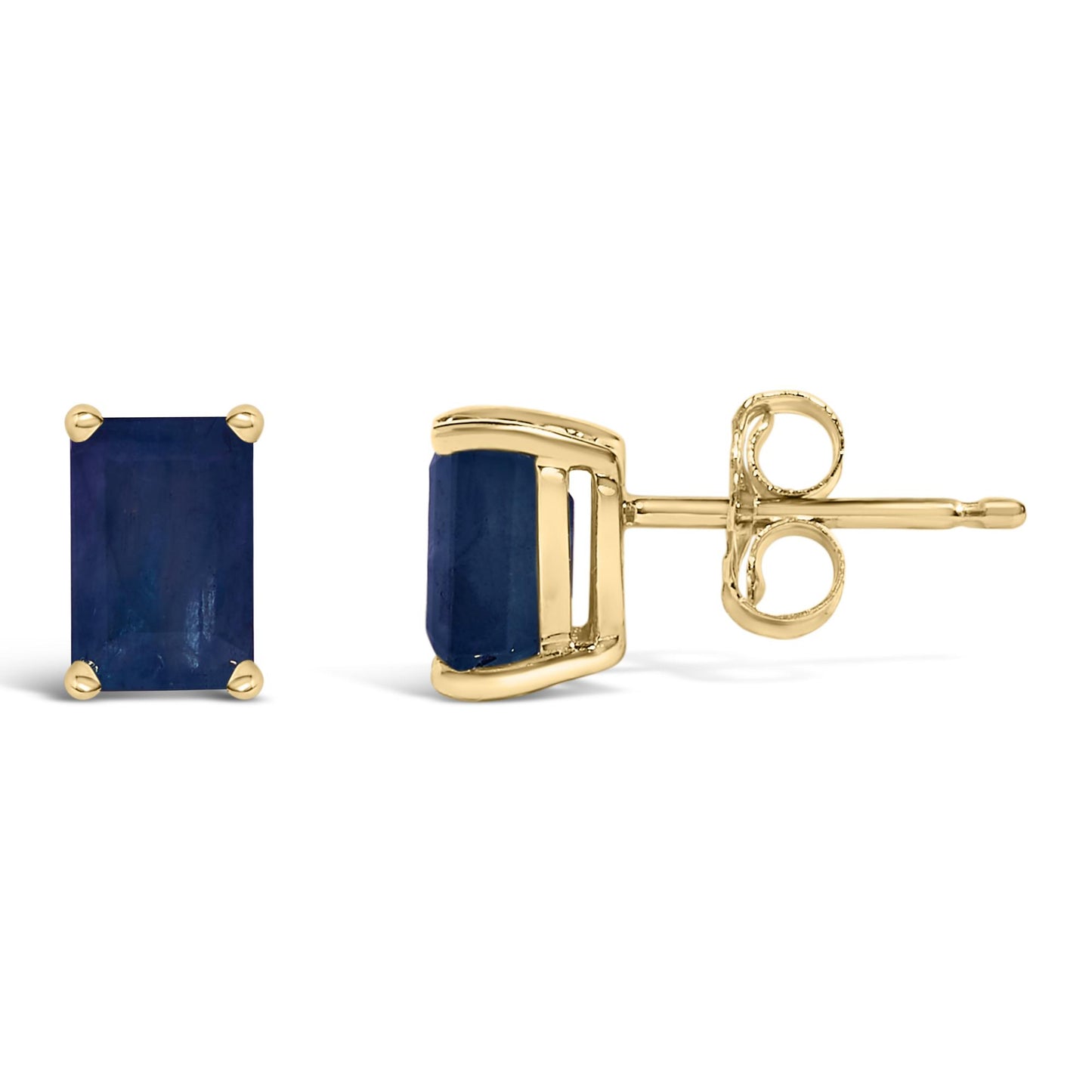 Pair of yellow metal stud earrings with emerald-shaped blue gemstones in four-prong settings, shown from front and side angles on a white background.