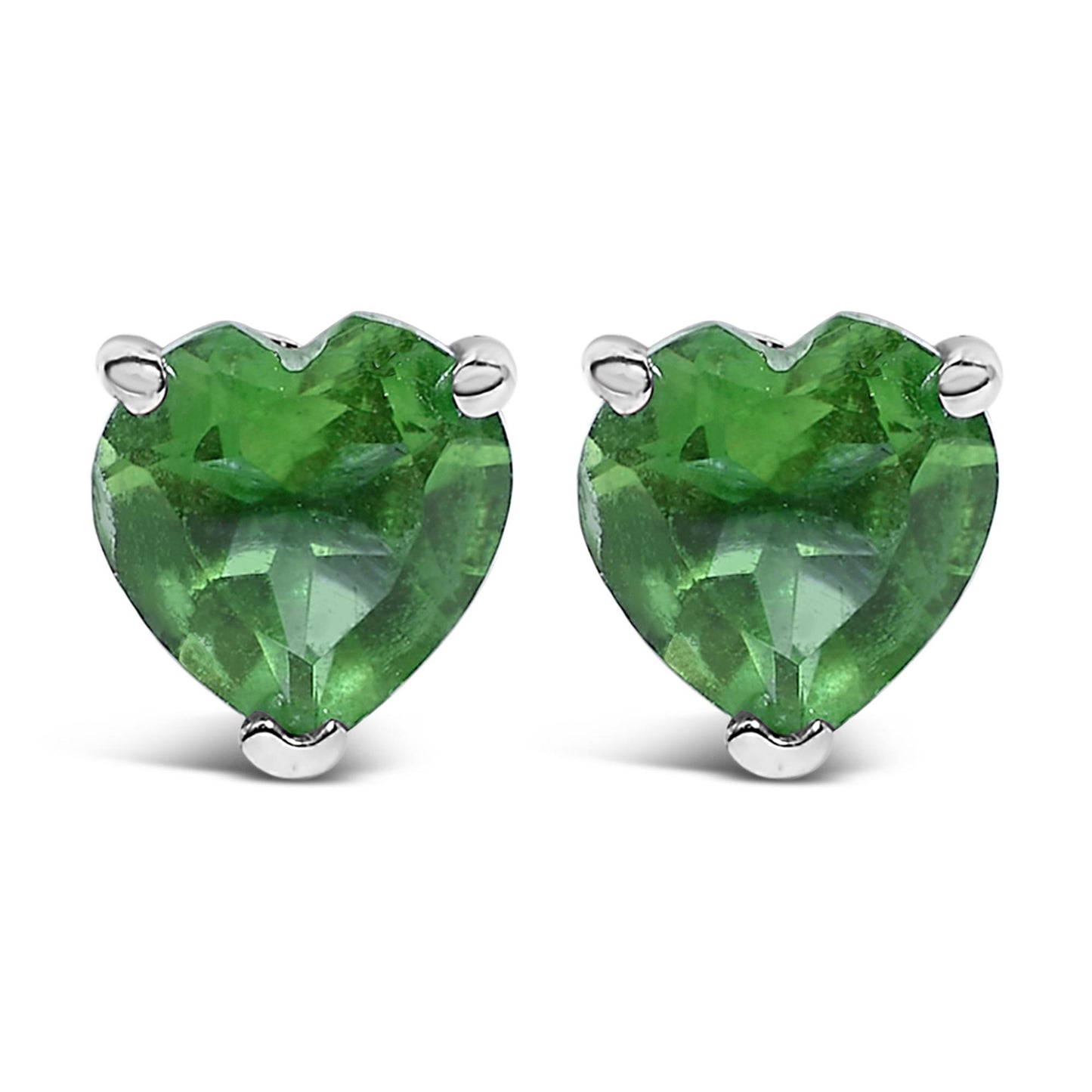 Front view of white metal stud earrings featuring heart-shaped green gemstones in three-prong settings.