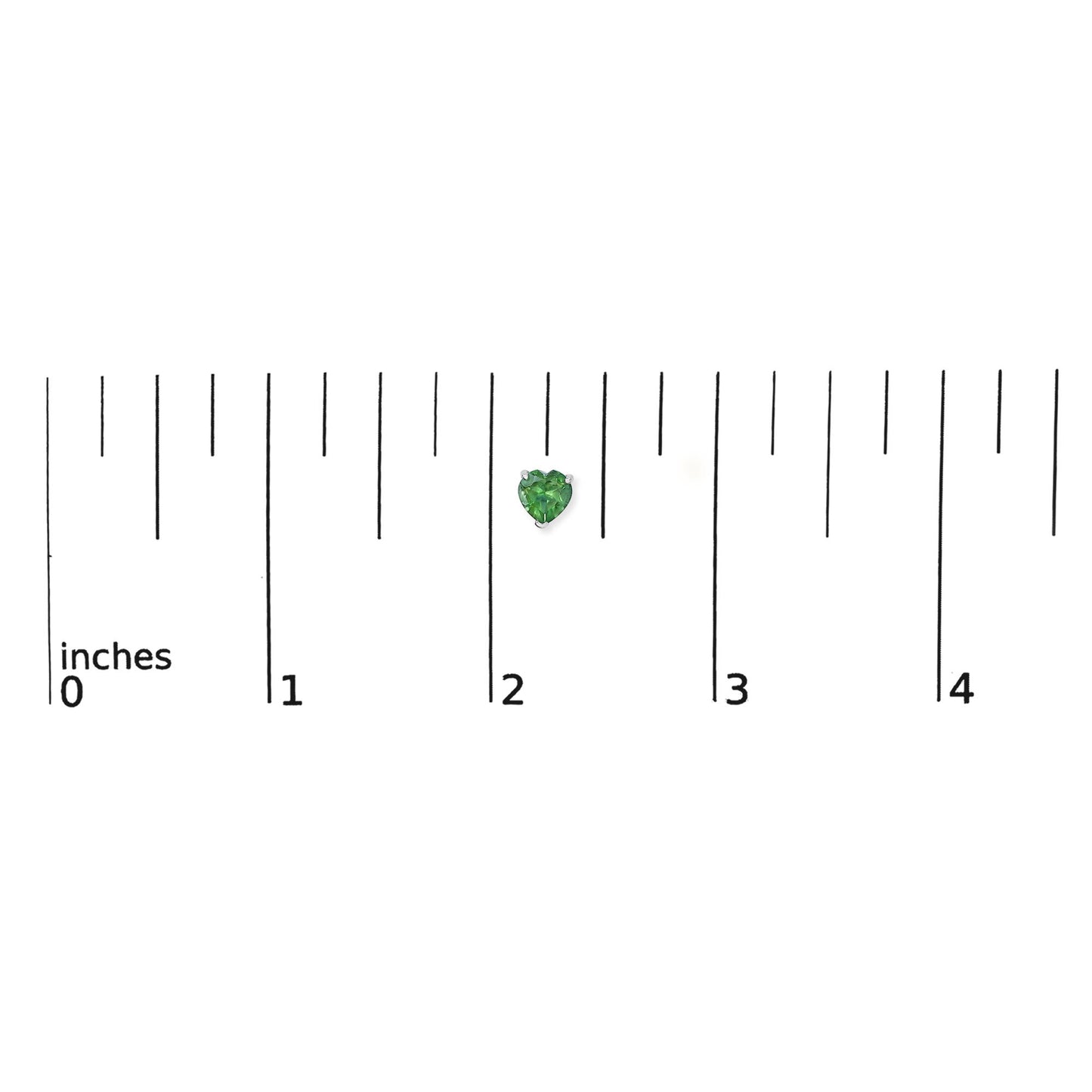 Alt text: Single white metal earring with heart-shaped green gemstones in 3-prong setting, shown on a ruler scale from a top-down angle.